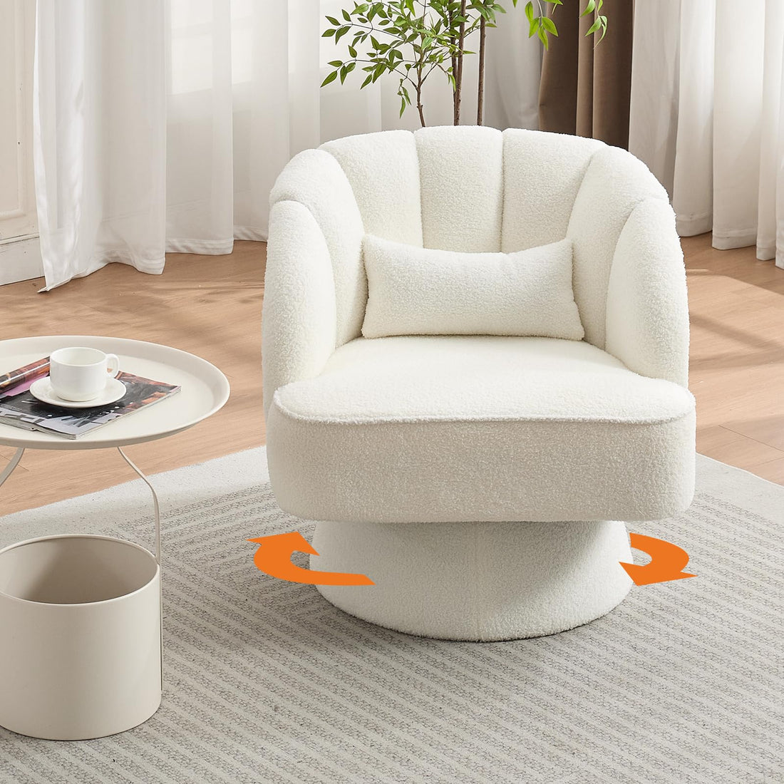 Poltrona girevole Garvee a botte con schienale a righe, struttura in legno, rivestimento in tessuto Teddy, girevole a 360°, per soggiorno e camera da letto