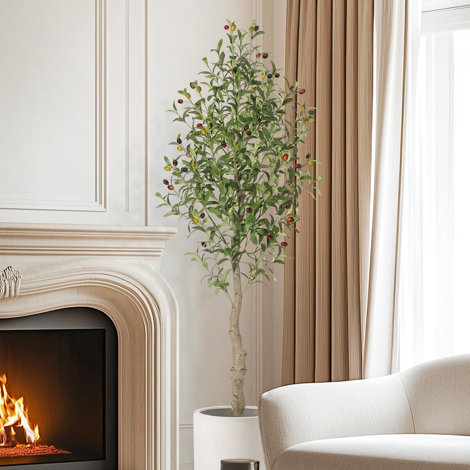 Albero di ulivo artificiale Garvee alto 1,5 m con tronco realistico in PE e foglie regolabili, vaso di bambù bianco, ignifugo per casa e ufficio