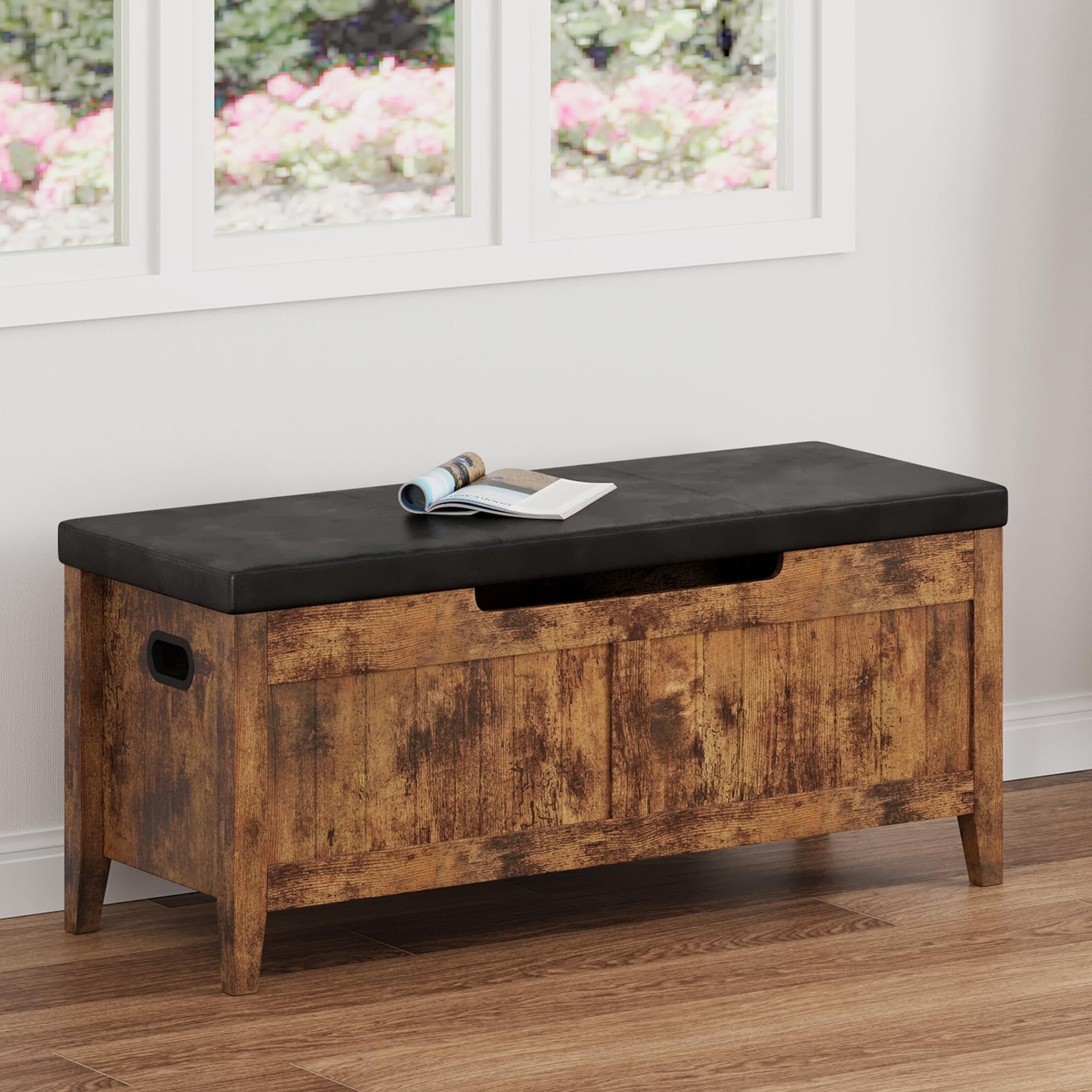 Panca contenitore Garvee in legno con cerniere di sicurezza, seduta imbottita, maniglie ergonomiche per soggiorno e camera da letto, 39,4" marrone