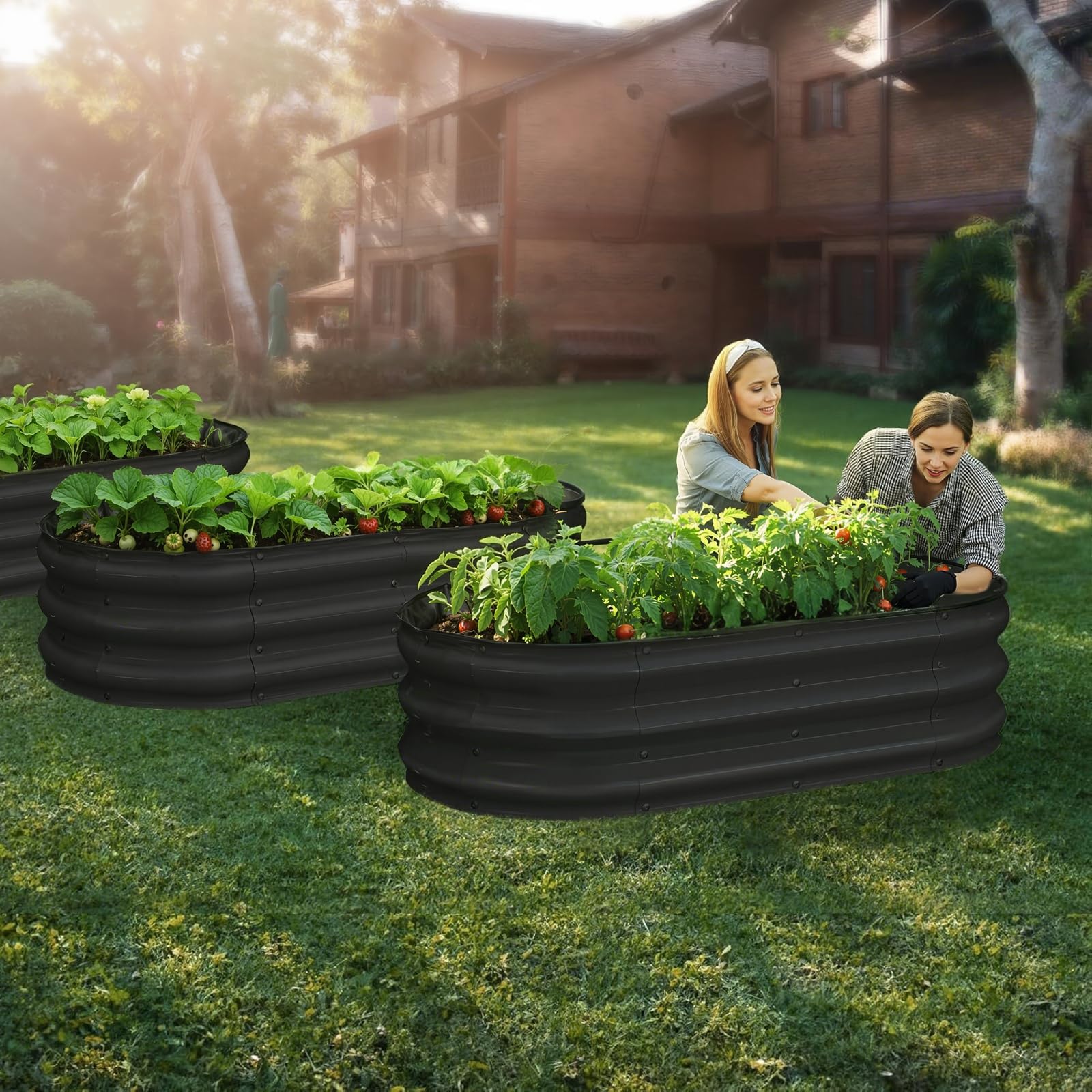 Aiuola rialzata in metallo ovale zincato senza fondo Garvee 195x60x28cm con bordo di sicurezza