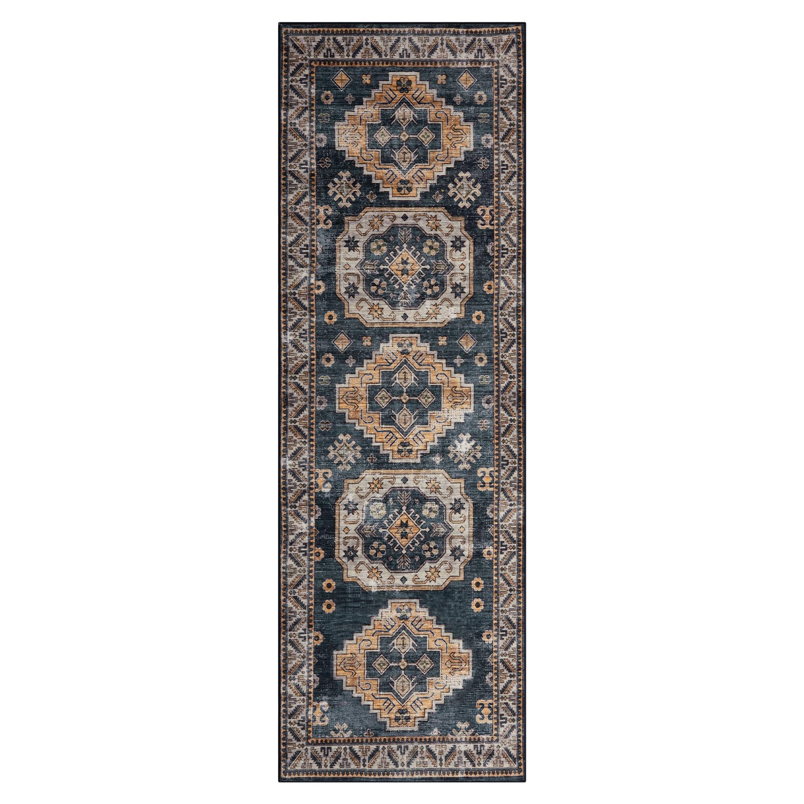 Tappeto vintage per soggiorno Garvee, morbido, lavabile, stile fattoria orientale, blu navy, 60 x 230 cm