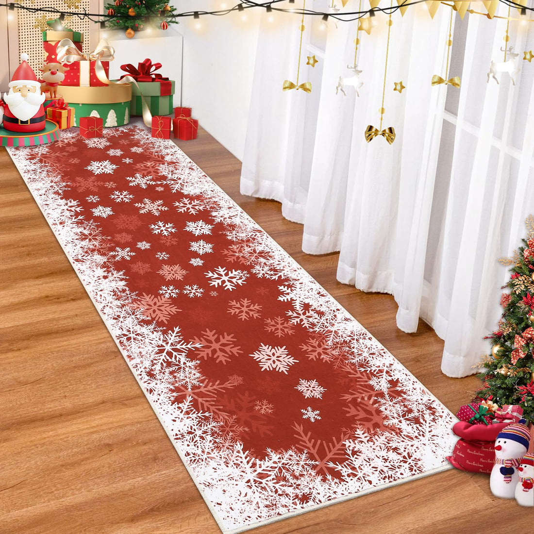 Tappeto natalizio romantico Garvee con fiocco di neve sfumato, antiscivolo, per sala da pranzo, camera da letto, cucina, corridoio, ufficio, 60x180 cm, rosso
