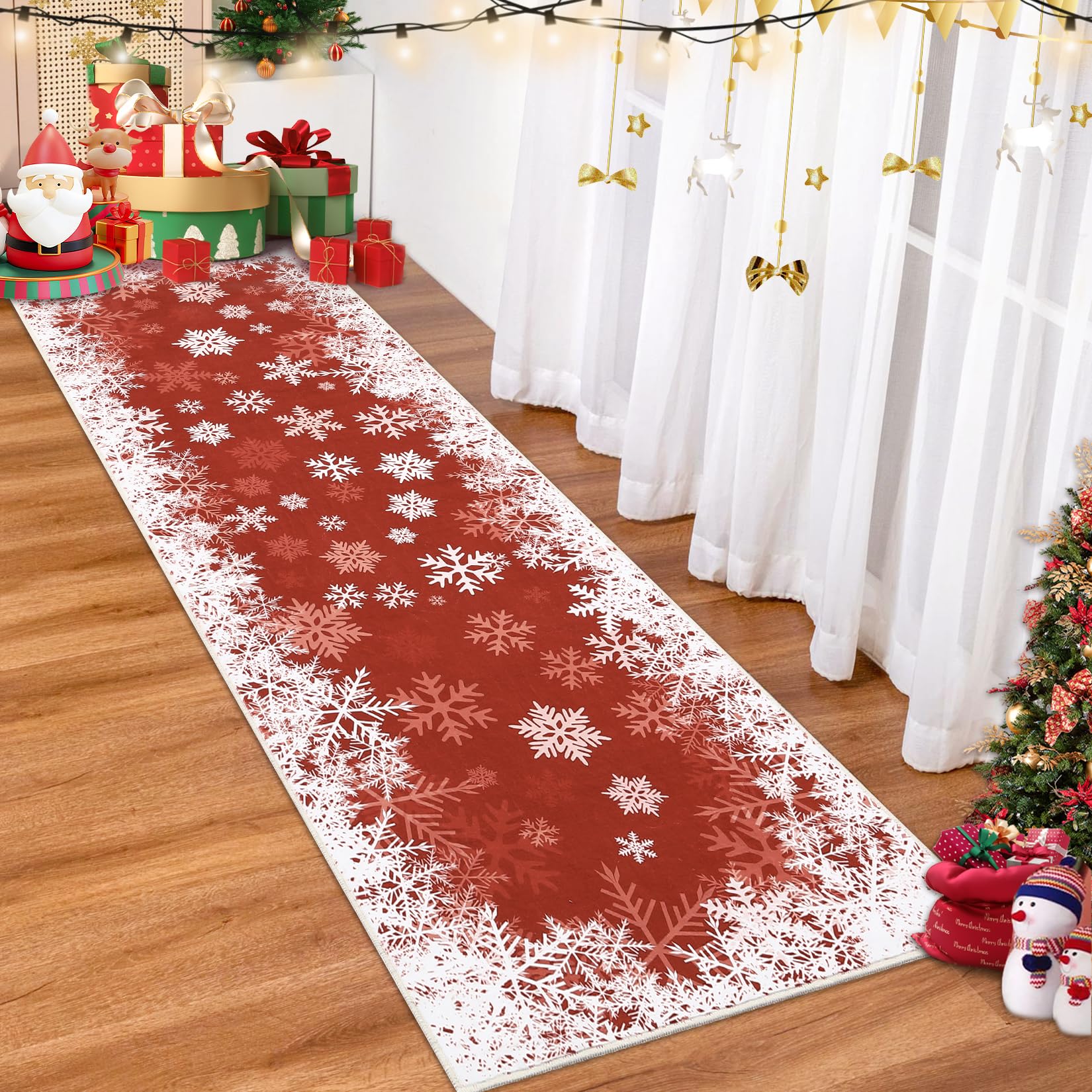 Tappeto natalizio romantico Garvee con fiocco di neve sfumato, antiscivolo, per sala da pranzo, camera da letto, cucina, corridoio, ufficio, 60x180 cm, rosso