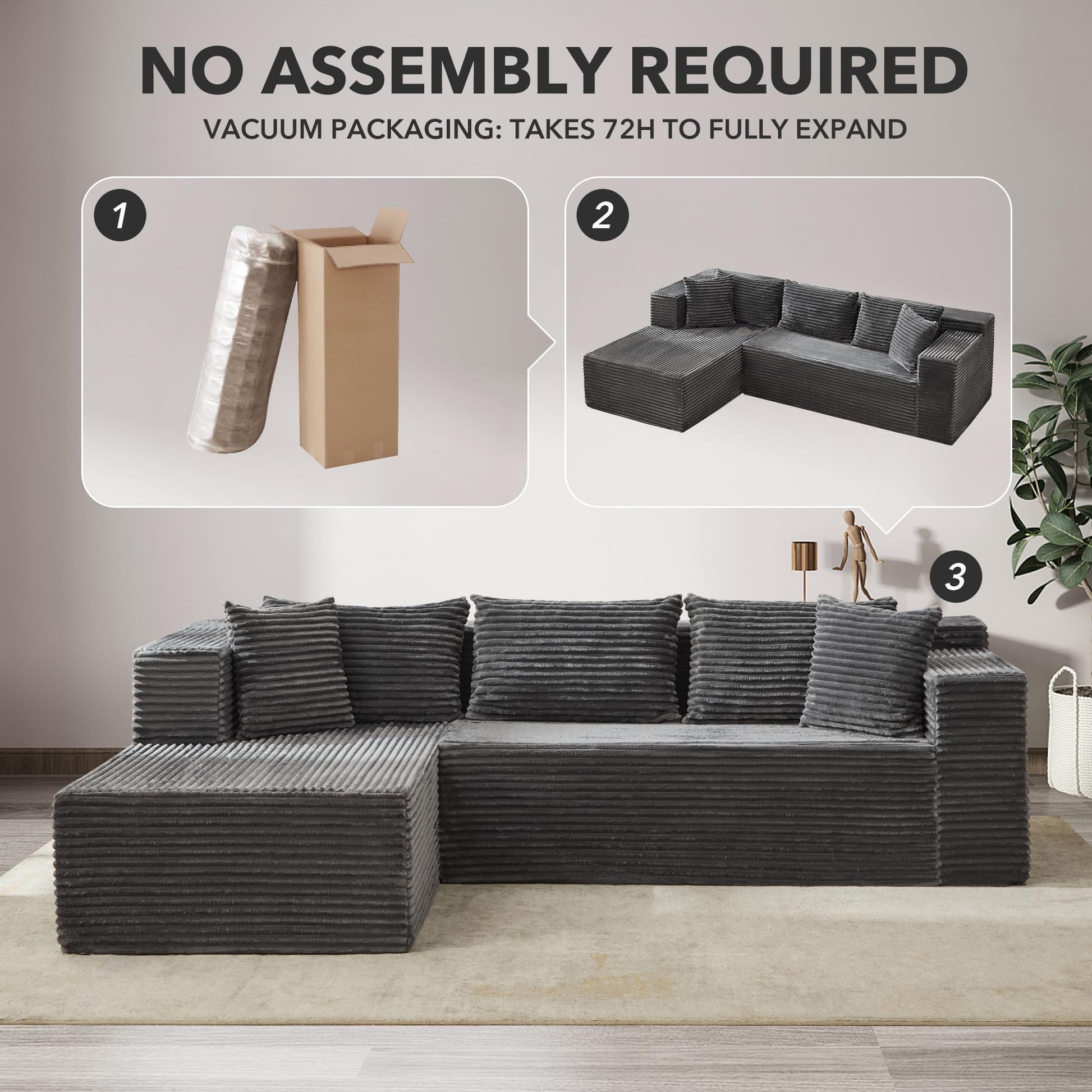 Divano Angolare Modular Garvee da 106' con chaise longue a L in velluto a coste, ergonomico e rinfrescante, per soggiorno, 106 pollici, beige