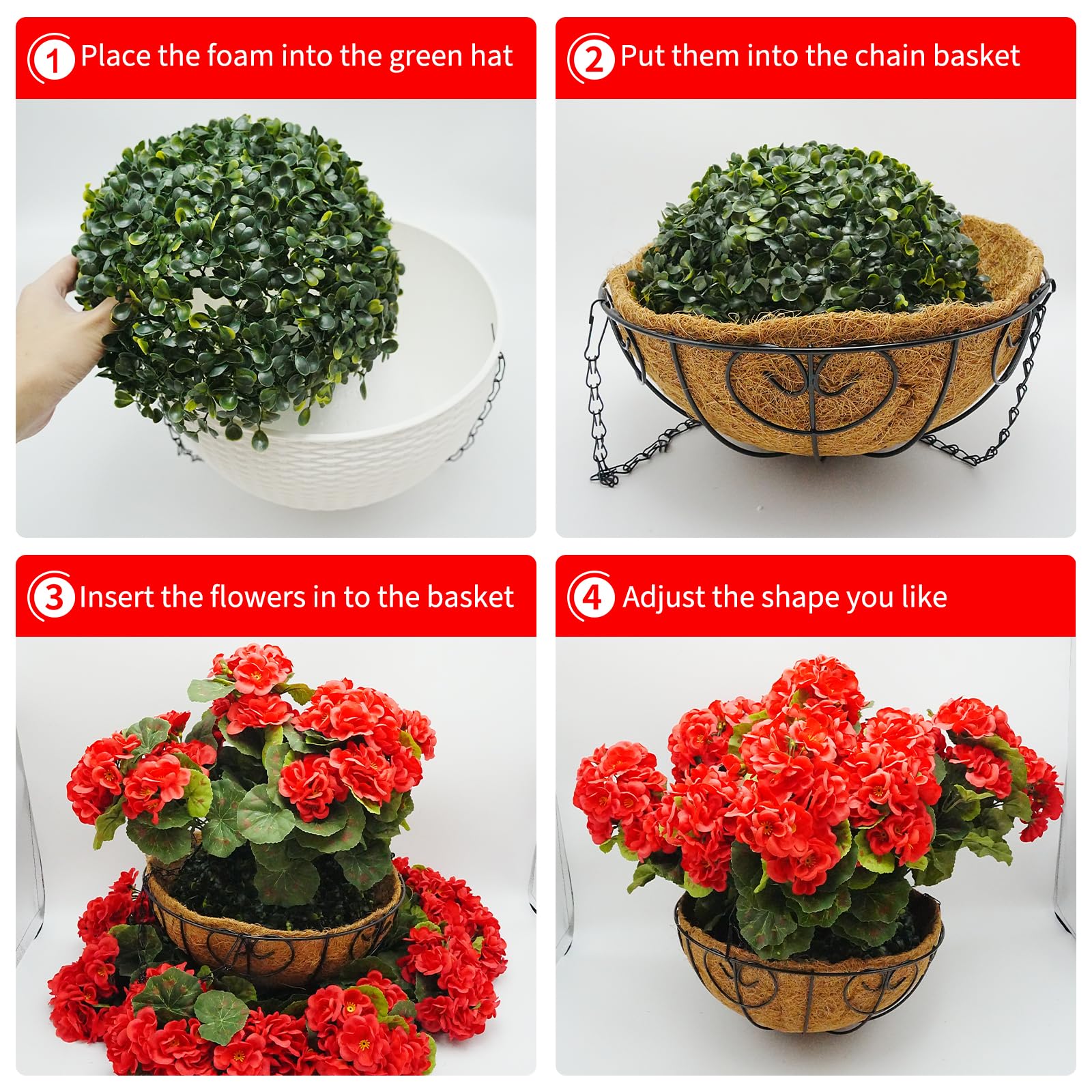 Garvee Set di 2 fiori di geranio artificiali, resistenti alle intemperie, cestino marrone, da appendere, per giardino e patio, realistici, rossi