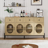 Credenza Garvee da 62 pollici con 3 cassetti e 4 ante in vetro per sala da pranzo e cucina, legno robusto, toni naturali, ripiani regolabili, dispositivo antiribaltamento - quercia