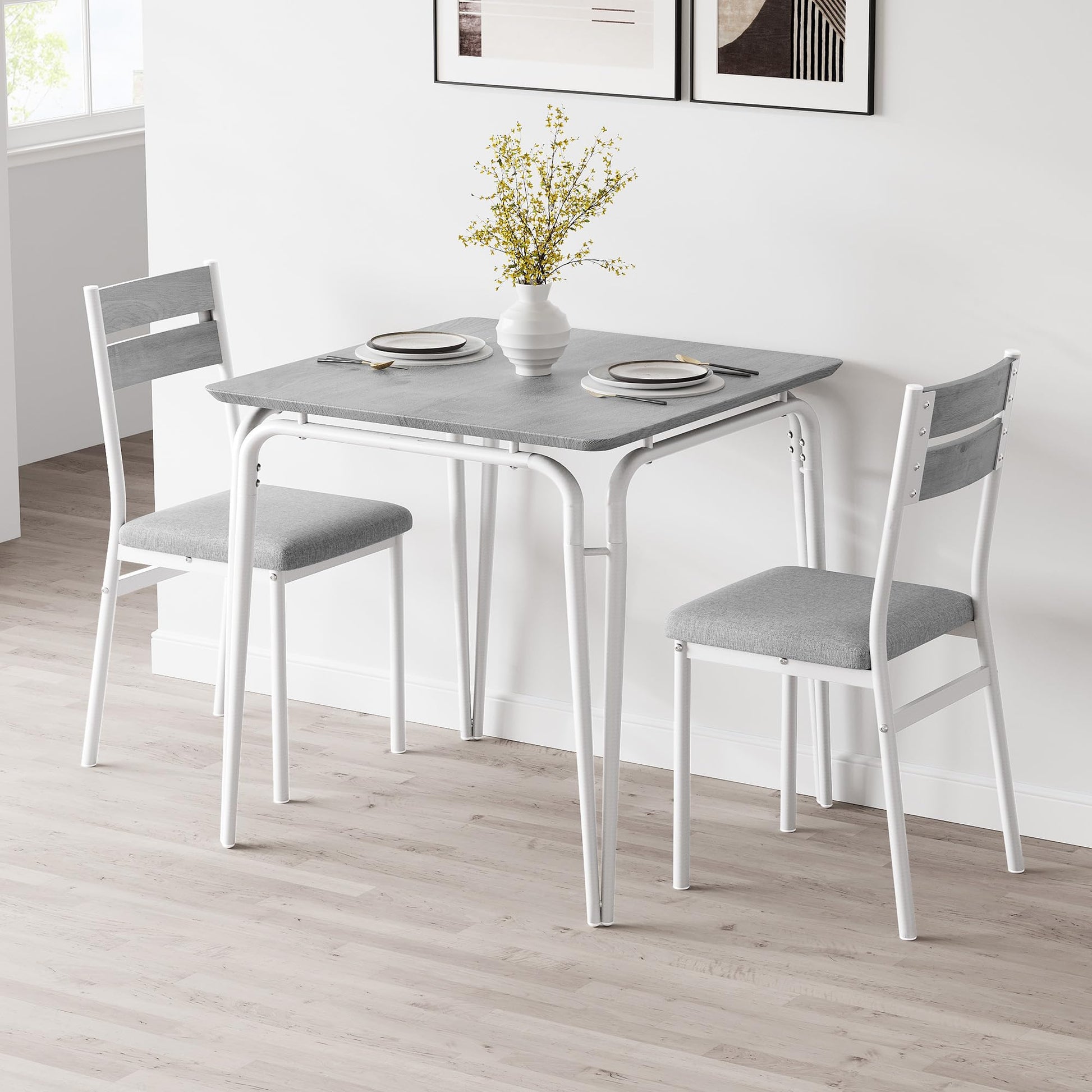 Tavolo da pranzo Garvee per 2 persone con sedie imbottite, MDF e metallo, salvaspazio, stabile, ideale per stanze piccole, quadrato