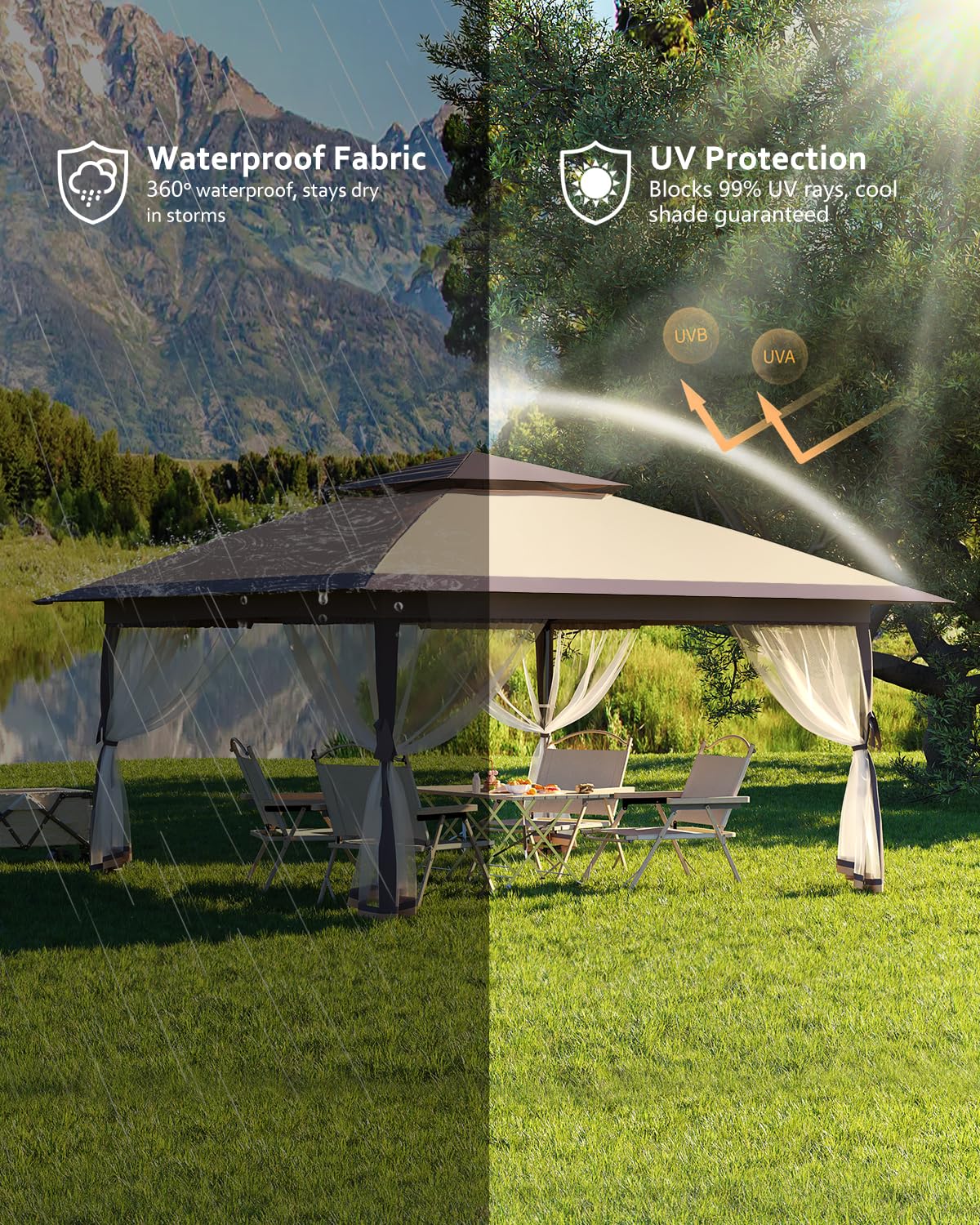 Gazebo pop-up Garvee 12x12 con zanzariera, resistente ai raggi UV, regolabile in 3 altezze, struttura in acciaio, 6 pannelli laterali, tasche per sabbia per giardino e campeggio, bianco
