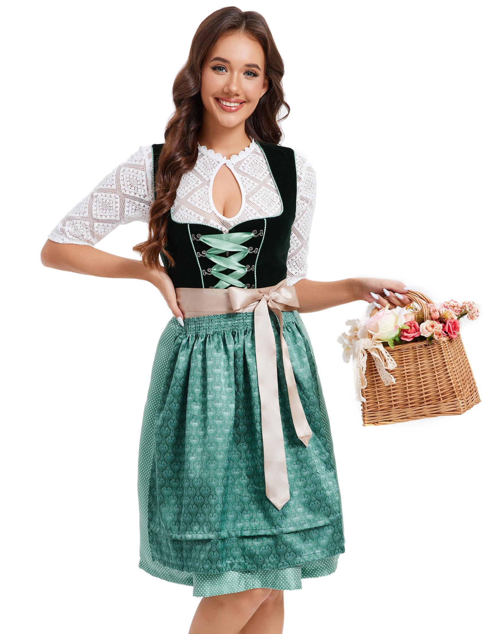 Garvee Dirndl da donna, abito tradizionale corto, midi, set completo, verde, taglia 34, per l'Oktoberfest