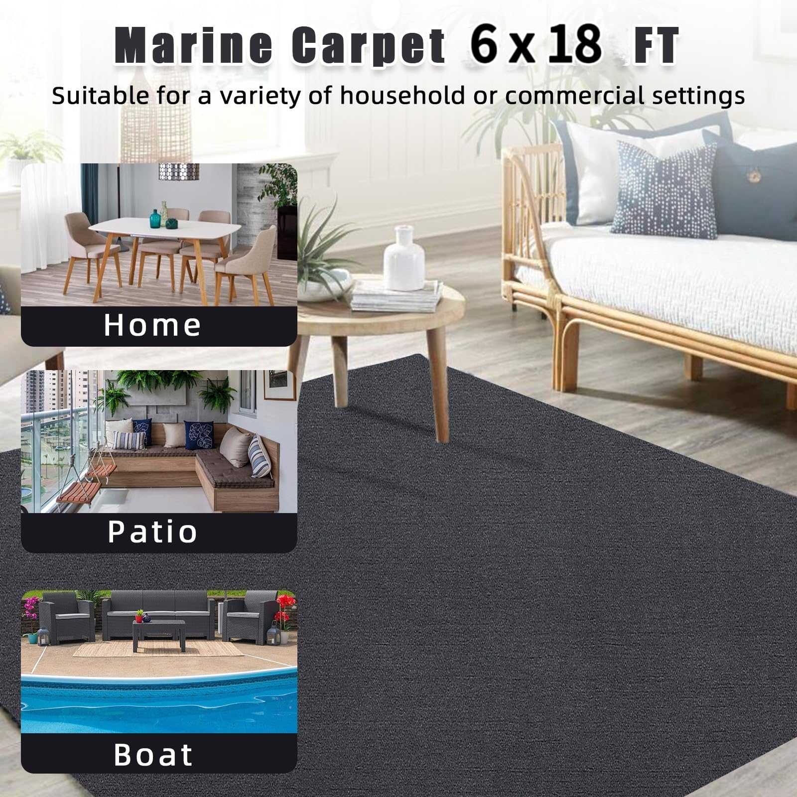Pavimento per barche Garvee 1,8x5,5 m, tappeto marino antiscivolo, tappeto per esterni, nero, per barche, yacht, SUP, kayak, camper
