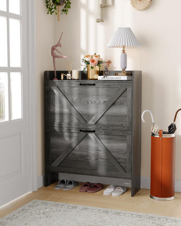 Garvee Scarpiera con 2 cassetti pieghevoli, marrone rustico, per corridoio e ingresso, salvaspazio, resistente, gambe in metallo