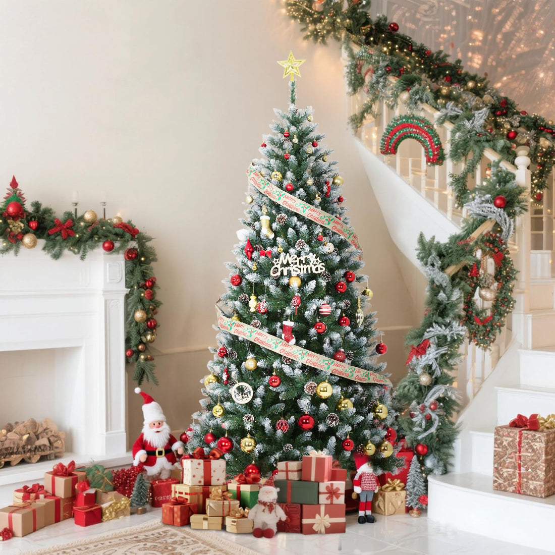 Albero di Natale artificiale Garvee – 225 cm, PE/PVC, 400 LED, 3000 rami, supporto in metallo per Natale