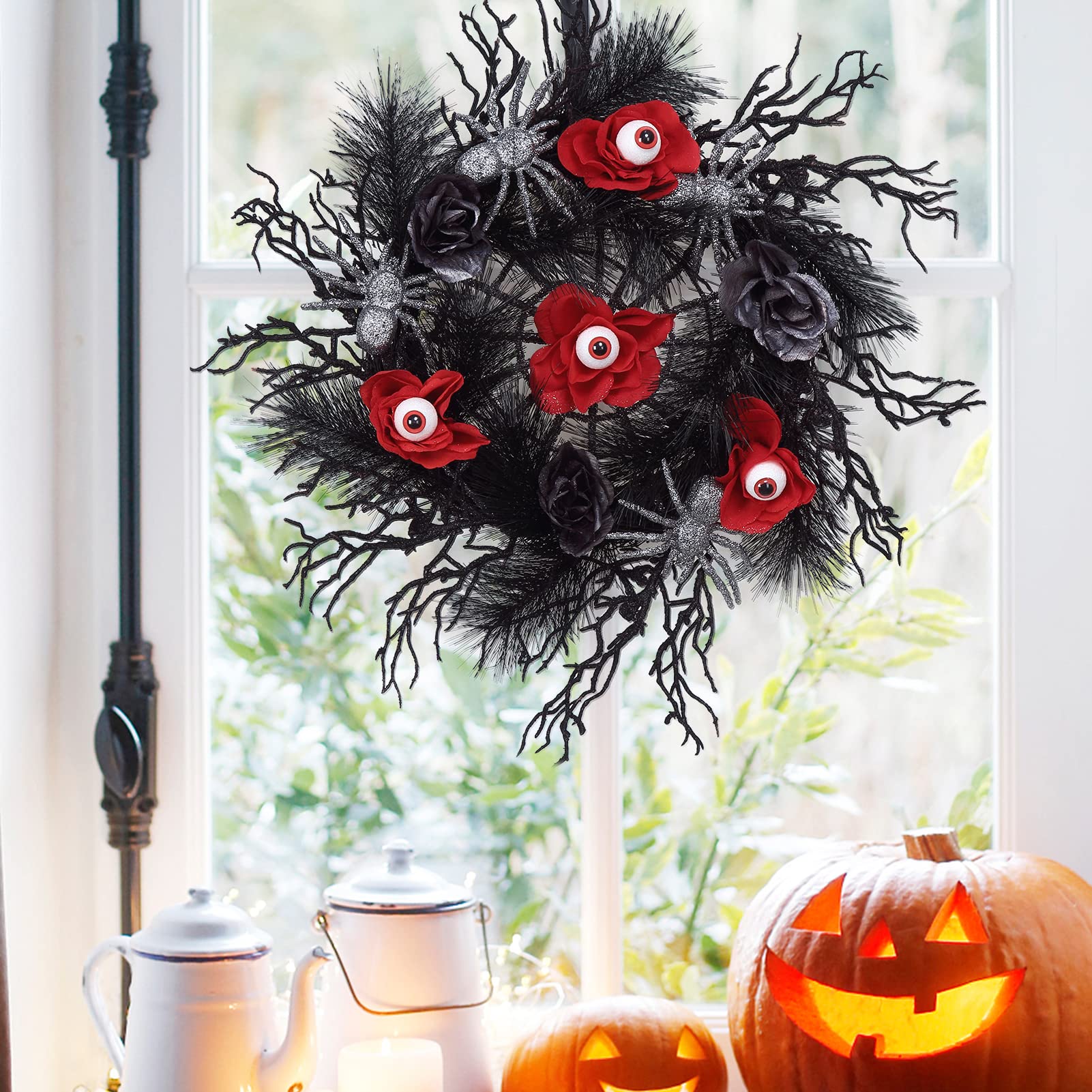 Ghirlanda per porta di Halloween Garvee da 18 pollici con ragni glitterati, rose rosse e nere, rattan nero naturale per uso interno ed esterno, 45 cm, nero