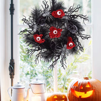 Ghirlanda per porta di Halloween Garvee da 18 pollici con ragni glitterati, rose rosse e nere, rattan nero naturale per uso interno ed esterno, 45 cm, nero