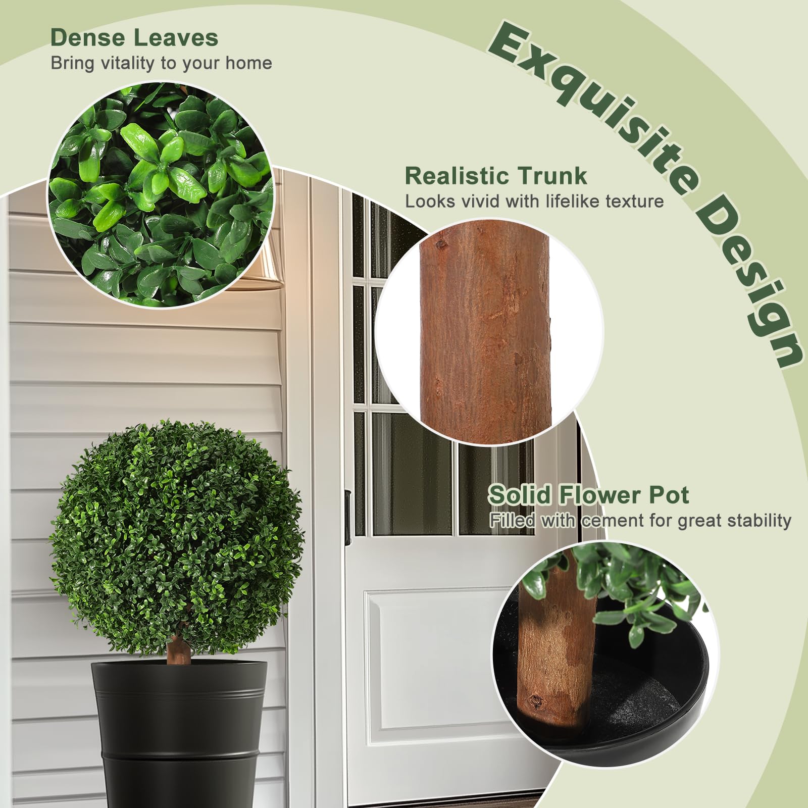 Garvee Set di alberi artificiali in bosso da 61 cm, resistenti ai raggi UV, realistici, in materiale PE, preassemblati con vaso in cemento, per ingresso e patio, verde