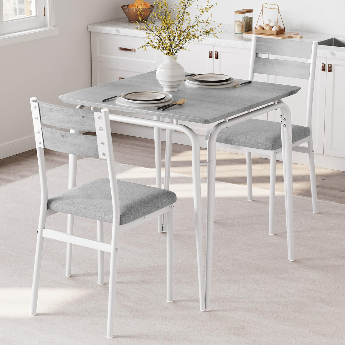 Tavolo da pranzo Garvee per 2 persone con sedie imbottite, MDF e metallo, salvaspazio, stabile, ideale per stanze piccole, quadrato