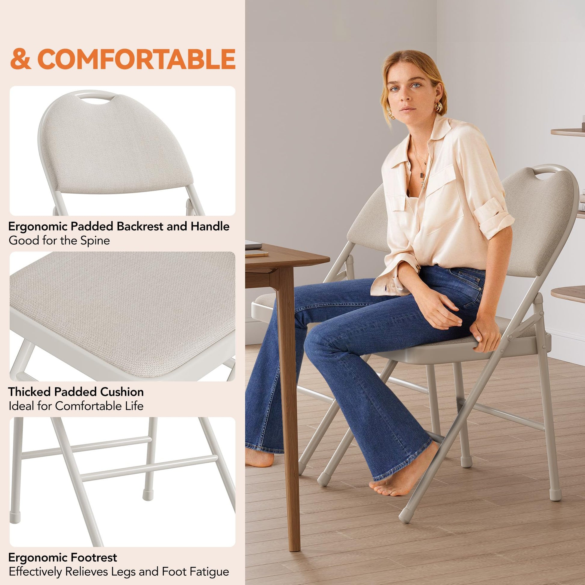 Garvee Set di 4 sedie pieghevoli con cuscini, fodere in lino, robuste strutture in metallo per ufficio ed eventi, beige, pieghevoli, ergonomiche
