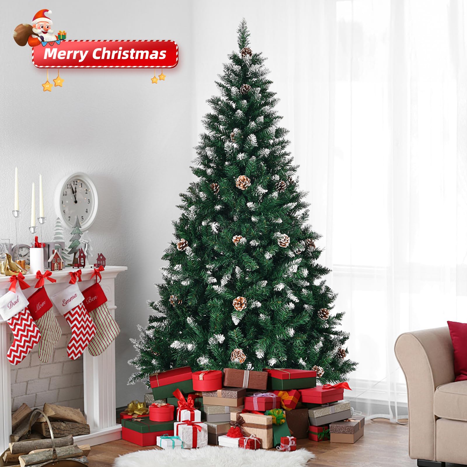 Albero di Natale artificiale Garvee da 180 cm con pigne ed effetto neve ghiacciata, rami fitti e realistici, supporto in metallo, bianco