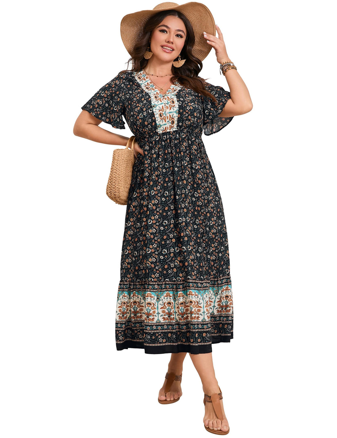 Garvee Abito estivo da donna in stile boho, a maniche corte, midi, con scollo a V, da spiaggia, lungo, floreale, con volant, casual, nero, taglia L