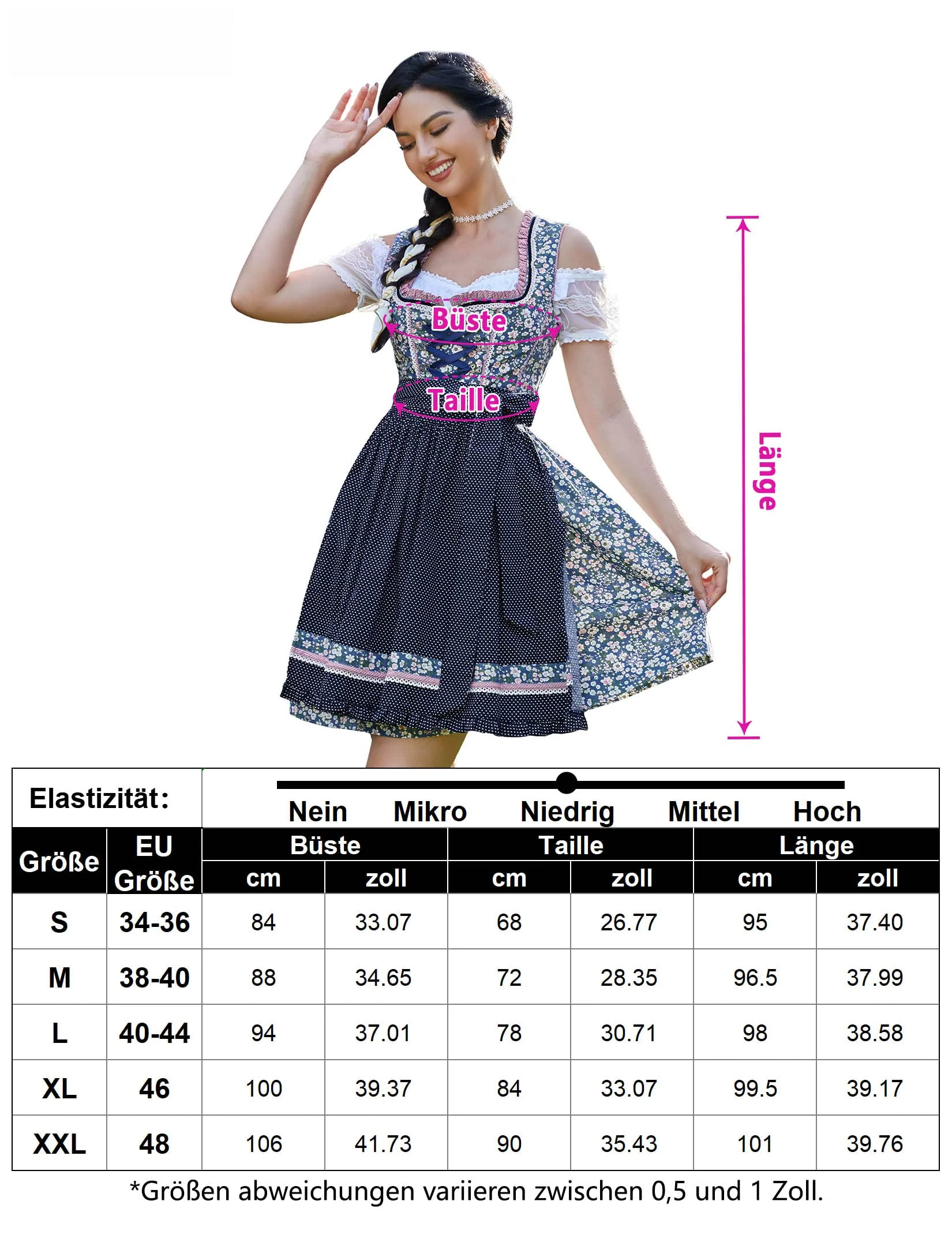 Abito tradizionale Dirndl da donna Garvee, corto con ricami, tre pezzi, Oktoberfest, blu scuro con fiori, taglia 36