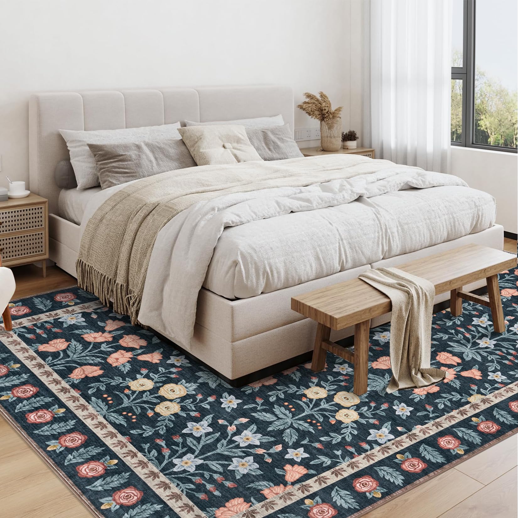 Tappeto decorativo Garvee per interni Boho 160x230cm, tappeto antiscivolo a pelo corto con motivo floreale nero per soggiorno, cameretta dei bambini, sala giochi
