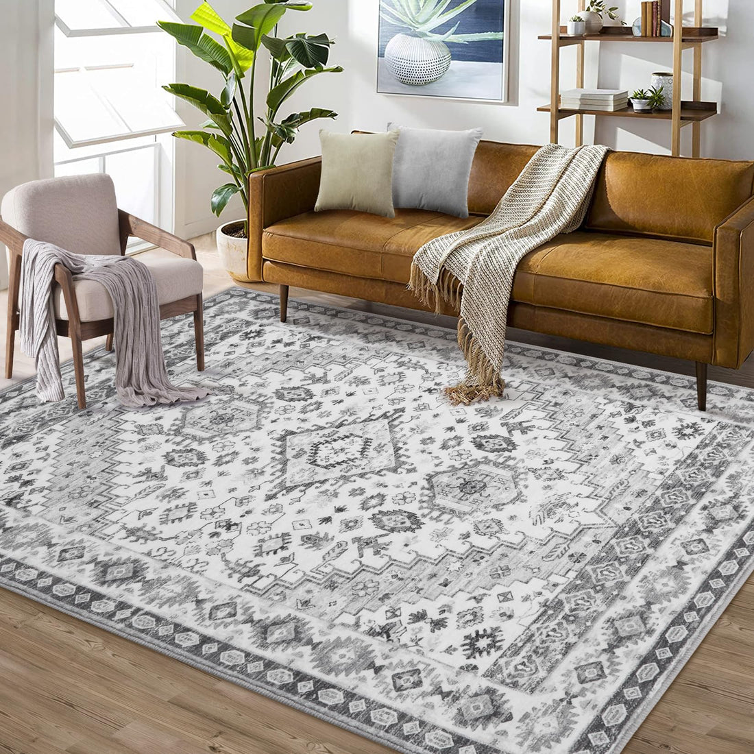Tappeto Garvee grande grigio 240 x 340 cm, tappeto orientale vintage lavabile, pelo corto, antiscivolo, soggiorno, cucina