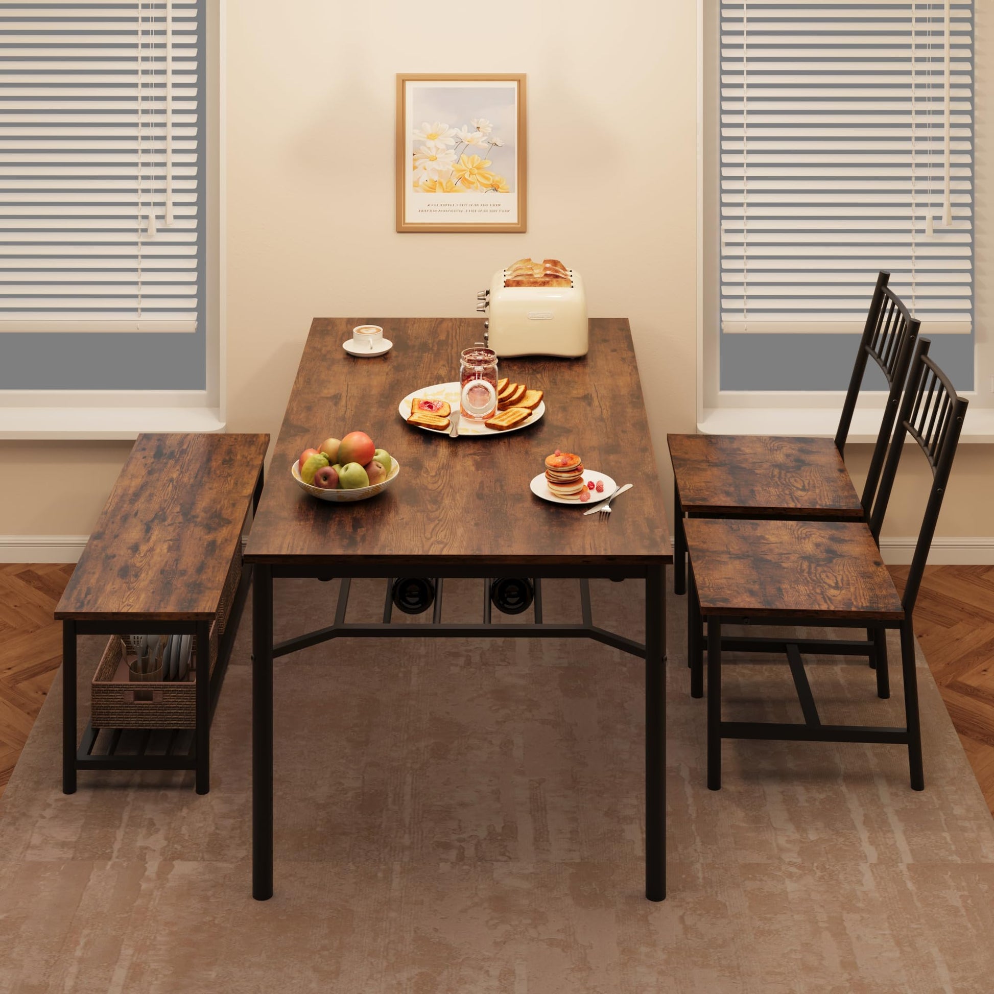 Set da pranzo Garvee per 4 persone con portabottiglie, tavolo rettangolare marrone retrò, MDF e acciaio, salvaspazio, ideale per appartamenti