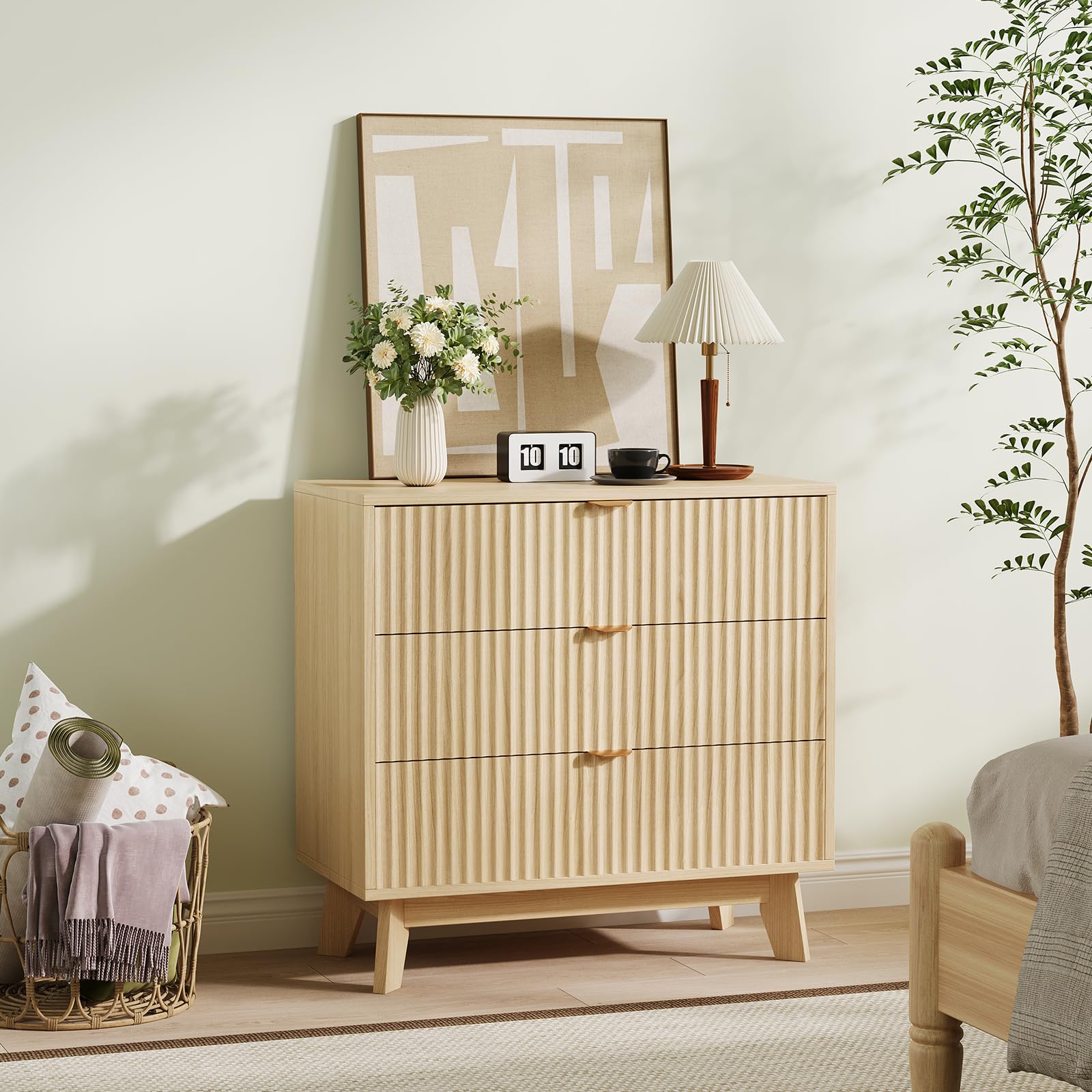 Cassettiera Garvee a 3 cassetti, design scanalato in stile moderno di metà secolo, MDF e legno massello, antiribaltamento, camera da letto, soggiorno, 31,49" L 30,94" A