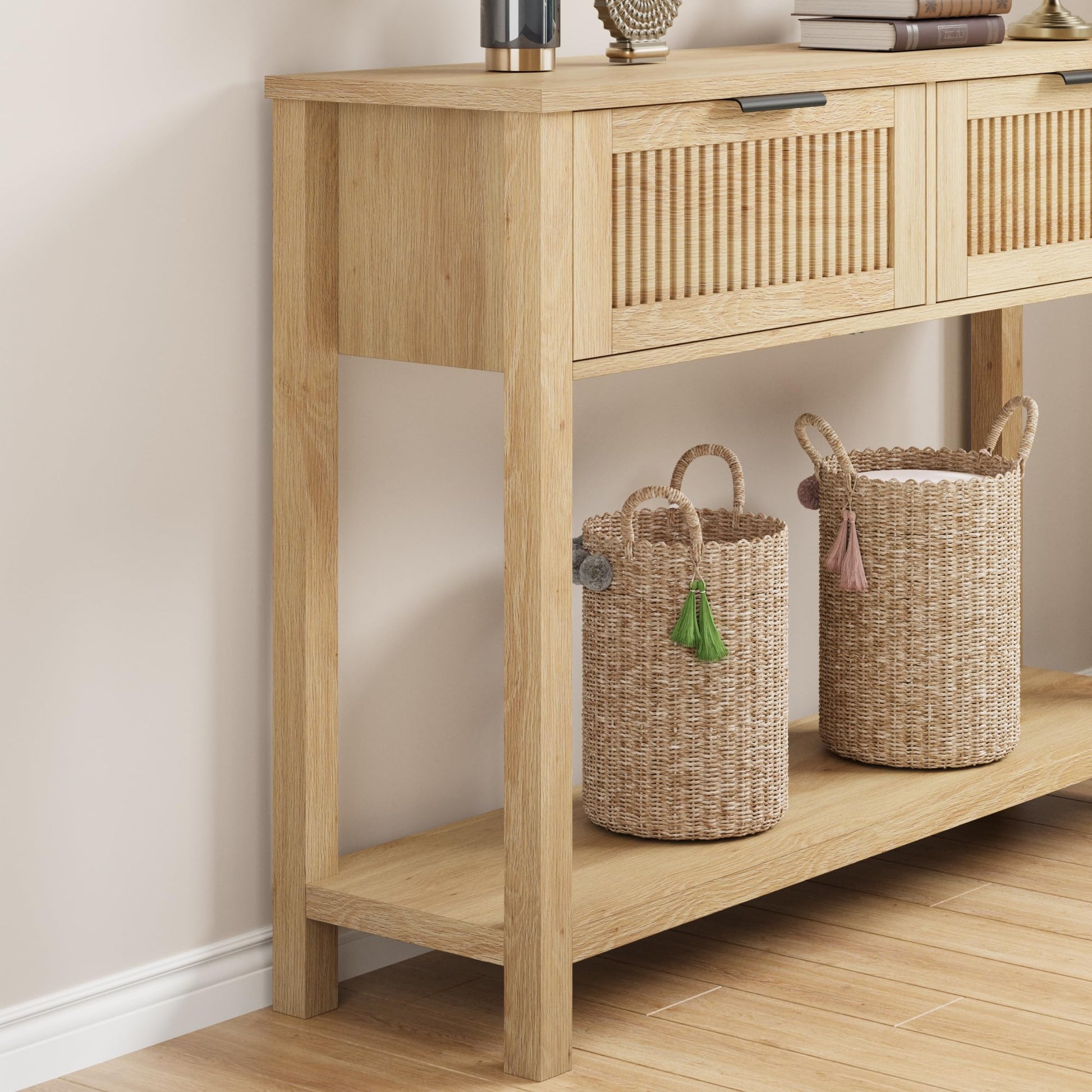 Tavolo da ingresso scanalato Garvee con 2 cassetti, consolle in legno per corridoio e soggiorno, 43,3x11,8x31,4 pollici, Burlywood