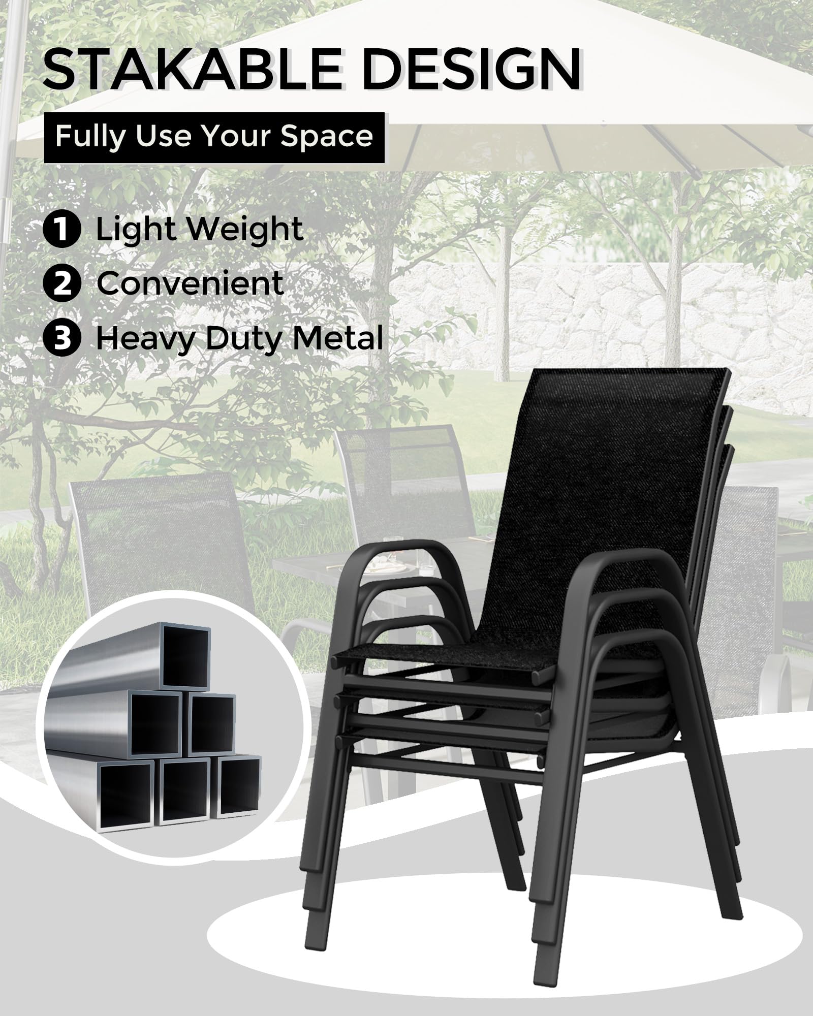 Set di 4 sedie da giardino Garvee, impilabili, leggere, in materiale Teslin traspirante, resistenti alle intemperie, nere, per giardino e piscina, 24,2"P*23,6"W*37,8"H
