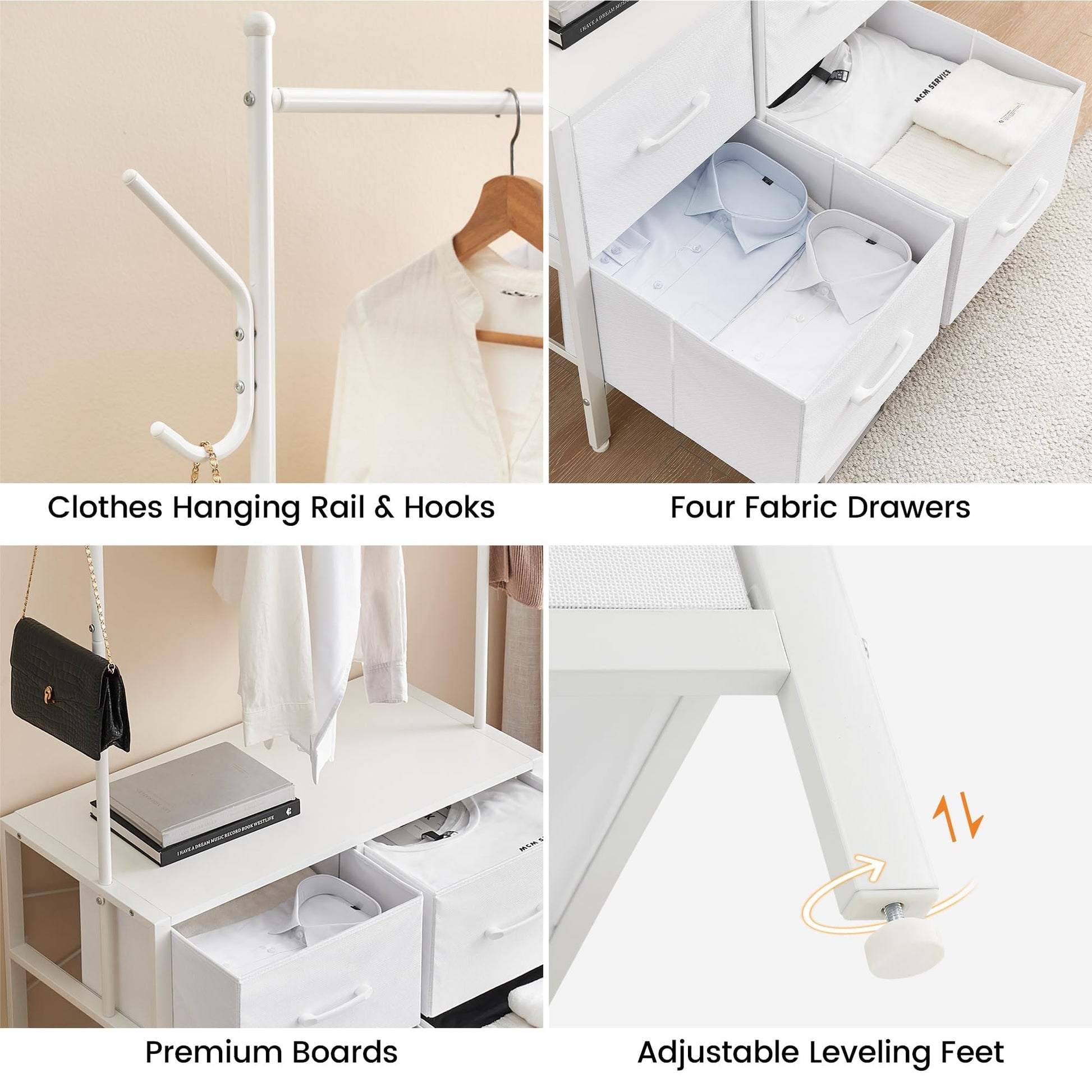 Appendiabiti Garvee con 4 cassetti, struttura in metallo e piano in legno, con camera da letto e corridoio, bianco, robusto e versatile