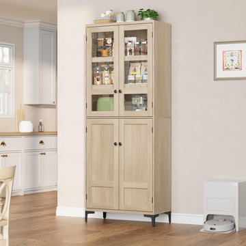 Mobile dispensa da cucina Garvee alto 71" con ante in vetro, 4 ante, 5 ripiani regolabili, legno di betulla, resistente, versatile, indipendente per cucina e bagno