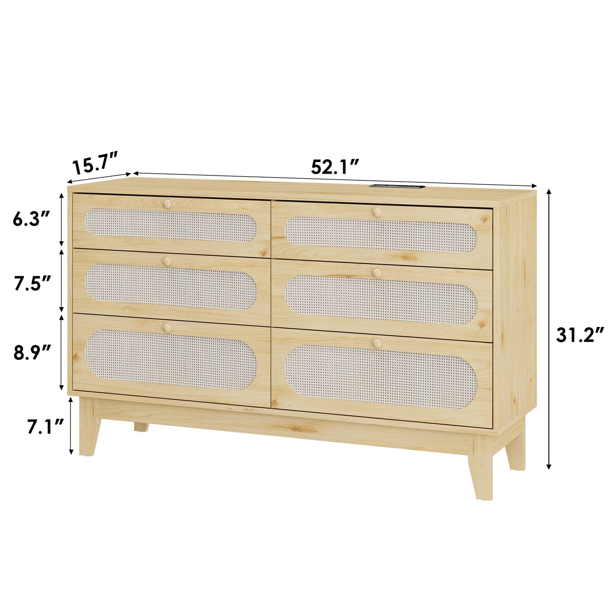Cassettiera in rattan Garvee con 6 cassetti, porte USB, legno naturale, stile boho, camera da letto e soggiorno, 52,1"L x 31,2"A, colore naturale