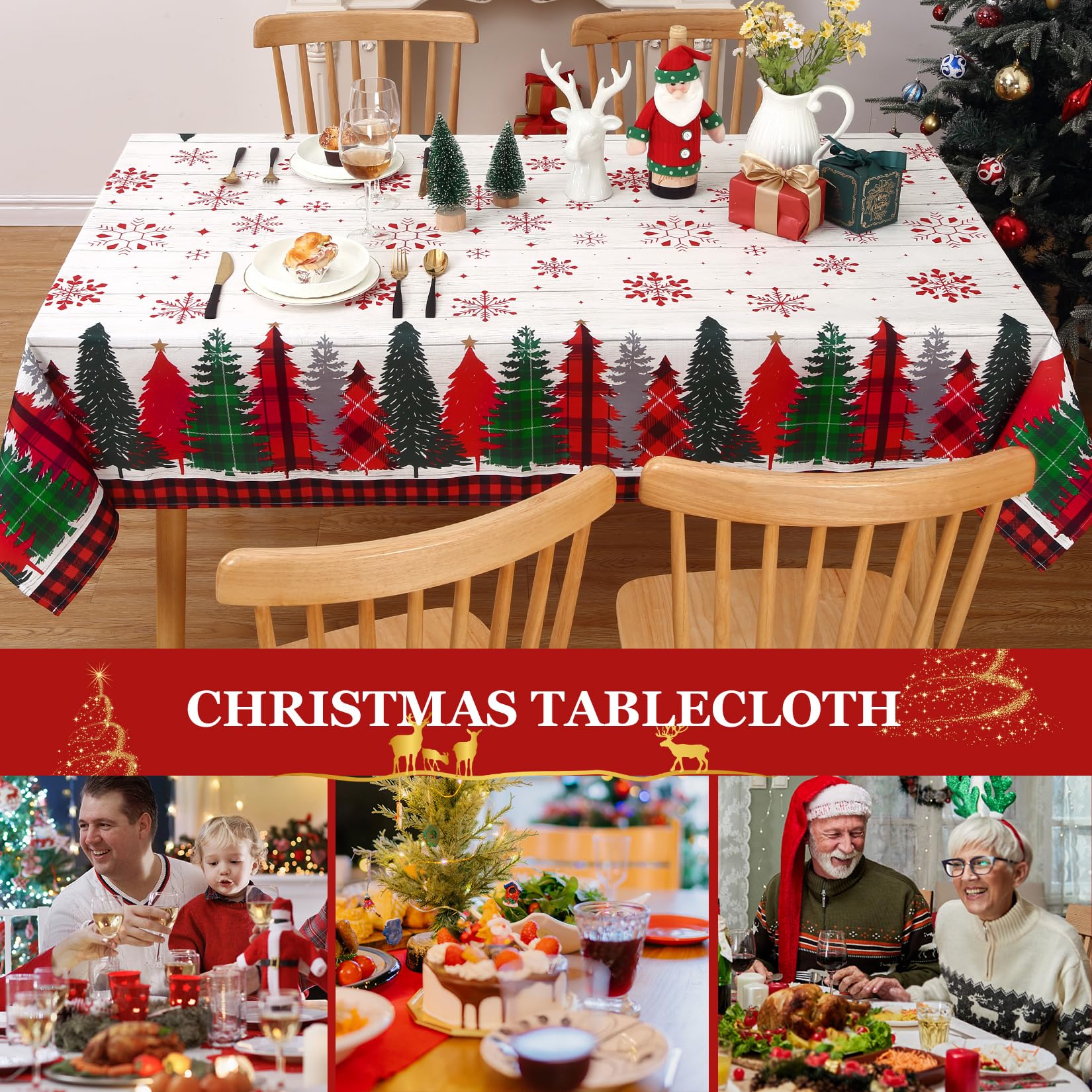 Garvee Nappe De Noël rettangolare 137x200 cm con motivo a spillo, venature del legno, cotone, facile da pulire, decorazione natalizia, runner da tavola festivo