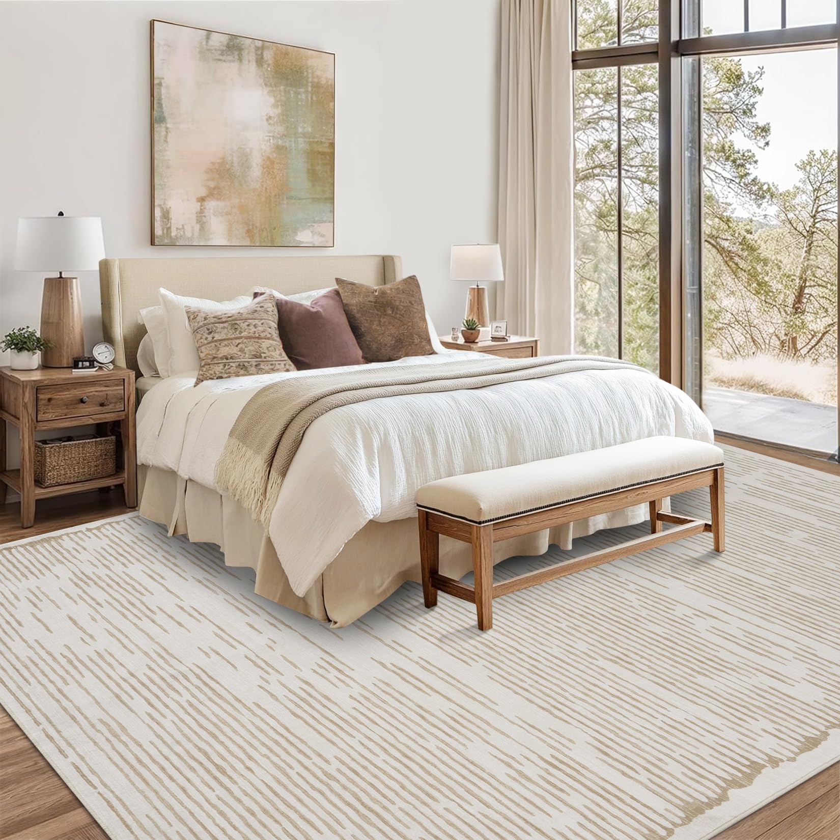 Tappeto a pelo corto Garvee per soggiorno/camera da letto, 160x230cm, beige, lavabile, antiscivolo