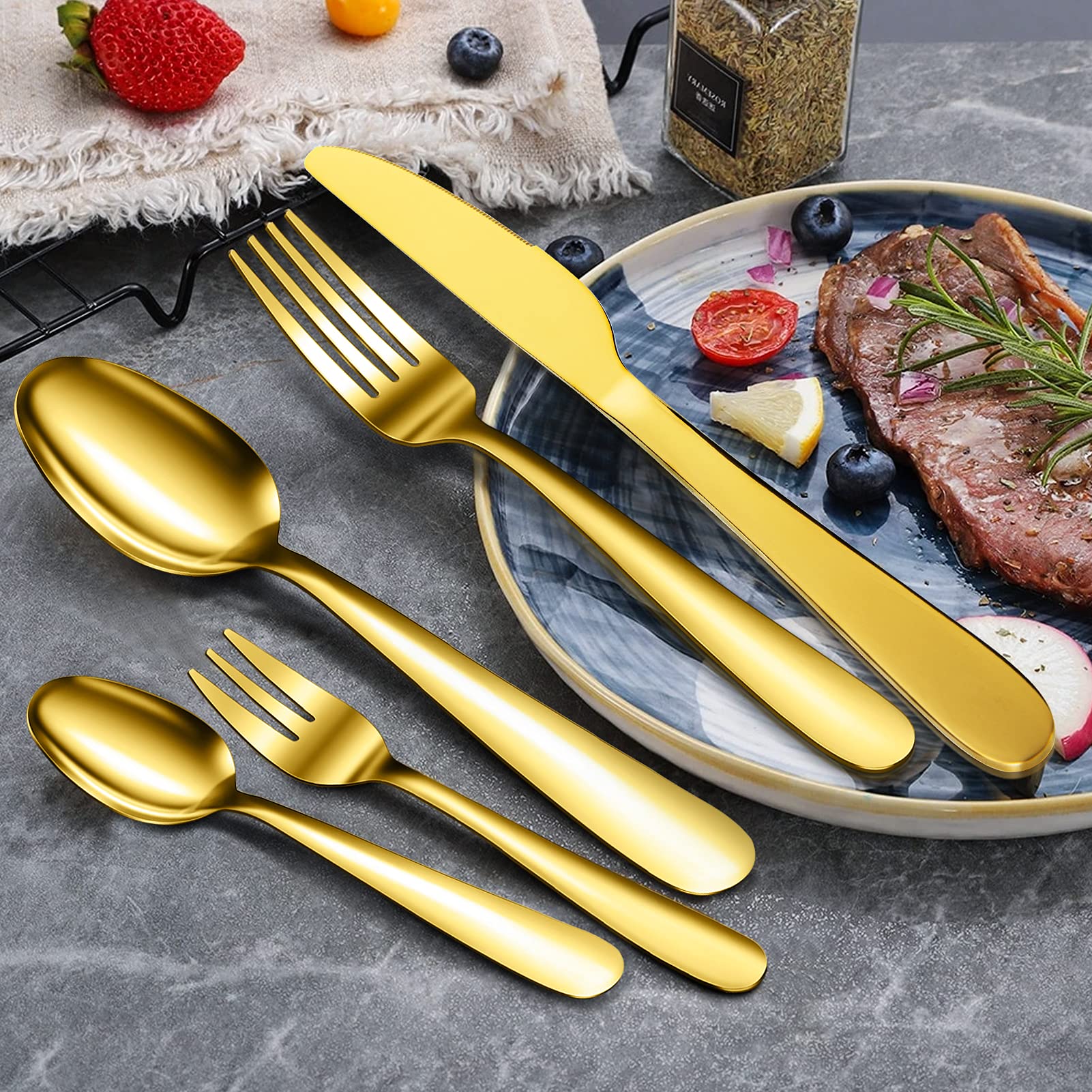 Set di posate Garvee in acciaio inossidabile da 60 pezzi per 12 persone, color oro, lucidato a specchio, robusto