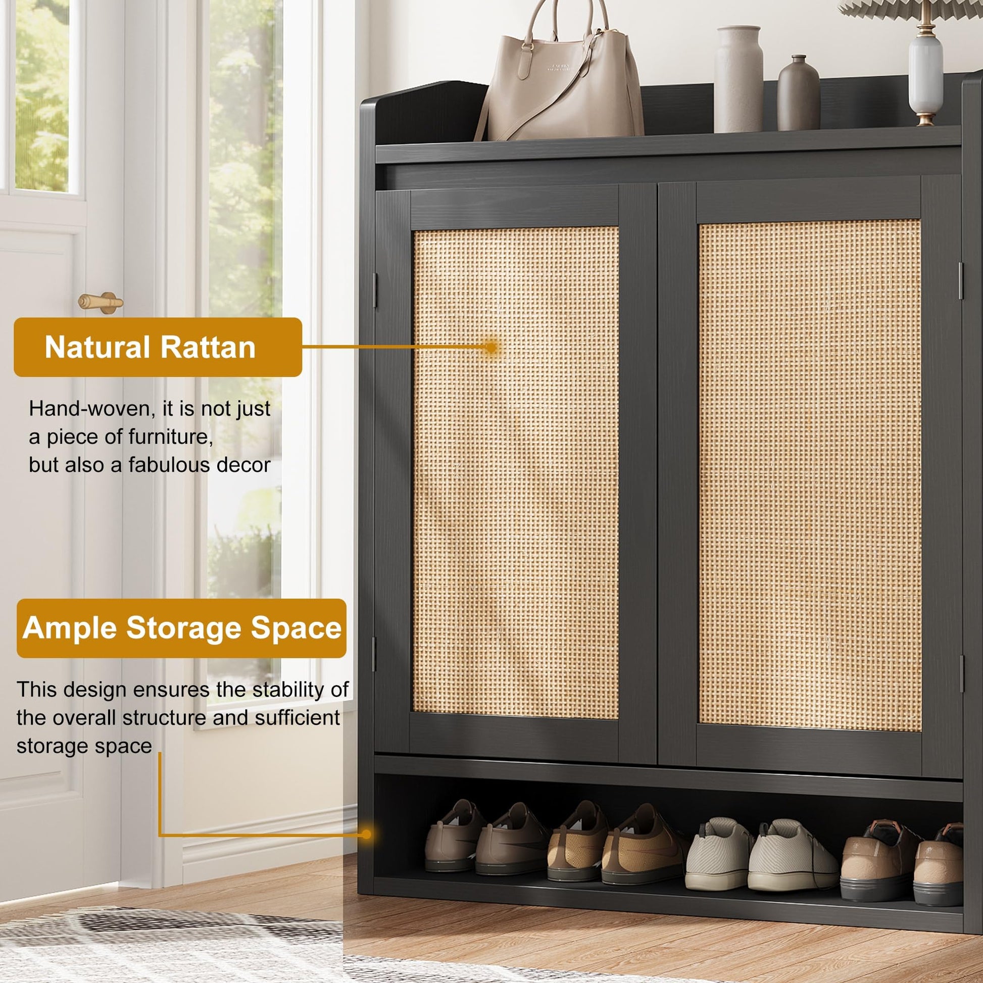 Scarpiera in rattan Garvee con 2 ante, ripiani regolabili, 5 ripiani, legno MDF, nero, per corridoio e soggiorno