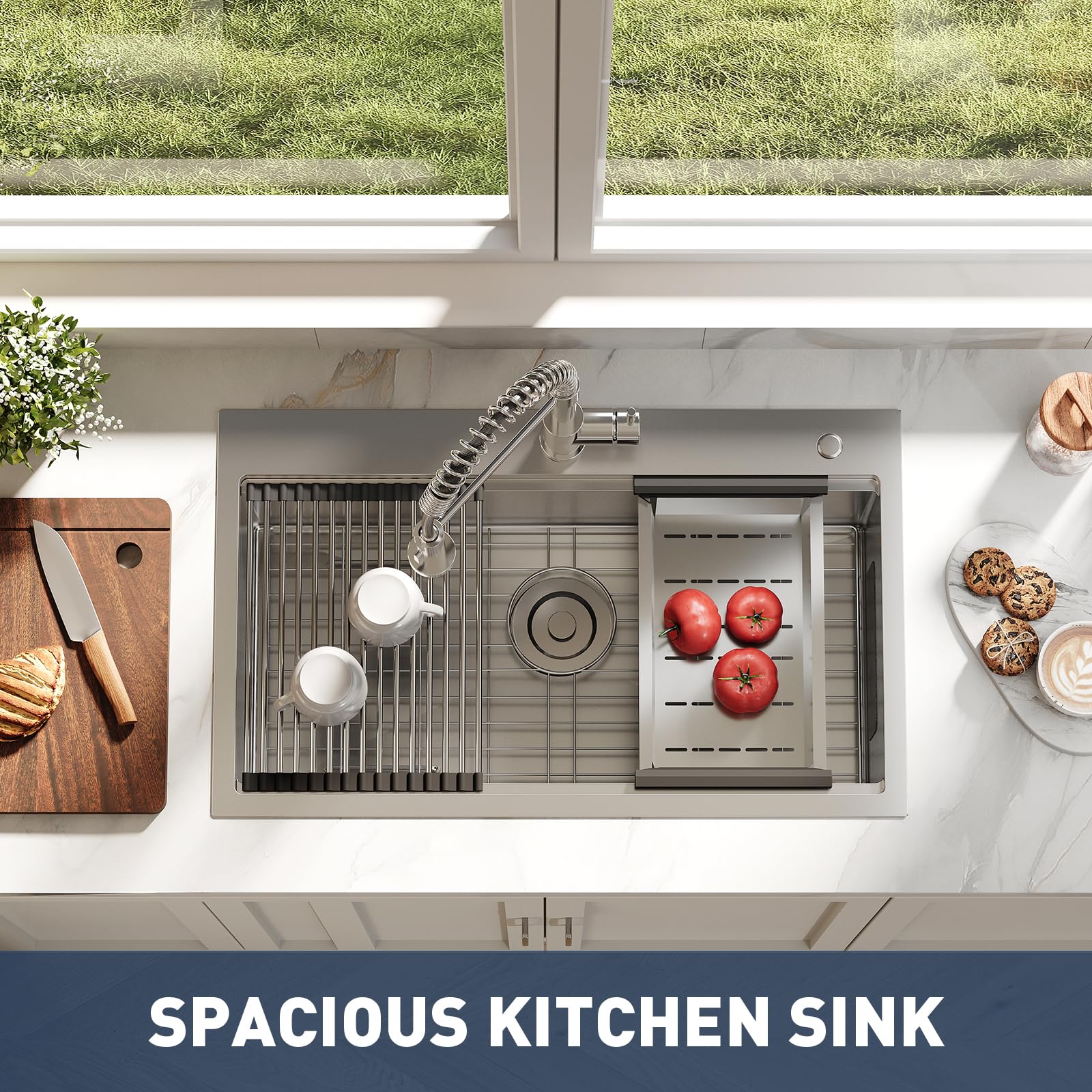 Lavello da cucina Garvee a incasso con rubinetto a molla estraibile, vasca singola in acciaio inossidabile da 30x18x9", accessori, per piano di lavoro della cucina