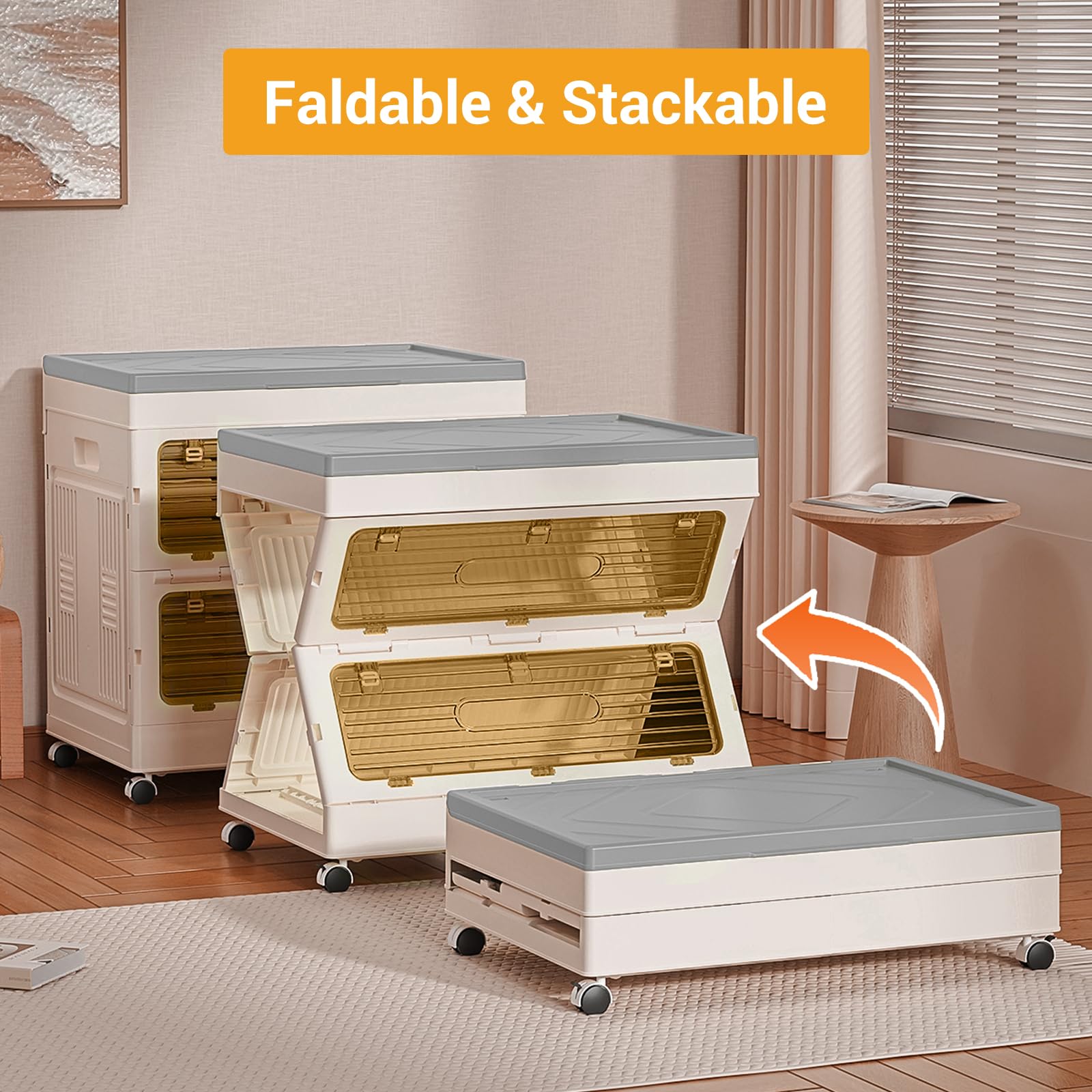 Contenitore pieghevole Garvee da 135 litri con coperchio e ruote per camera da letto e ufficio, robusto, impilabile, facile da spostare, grigio