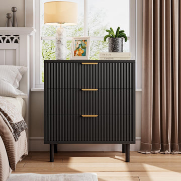 Cassettiera Garvee Black Fluted a 3 cassetti con gambe in metallo per camera da letto e soggiorno, moderna, robusta, in melamina, nera