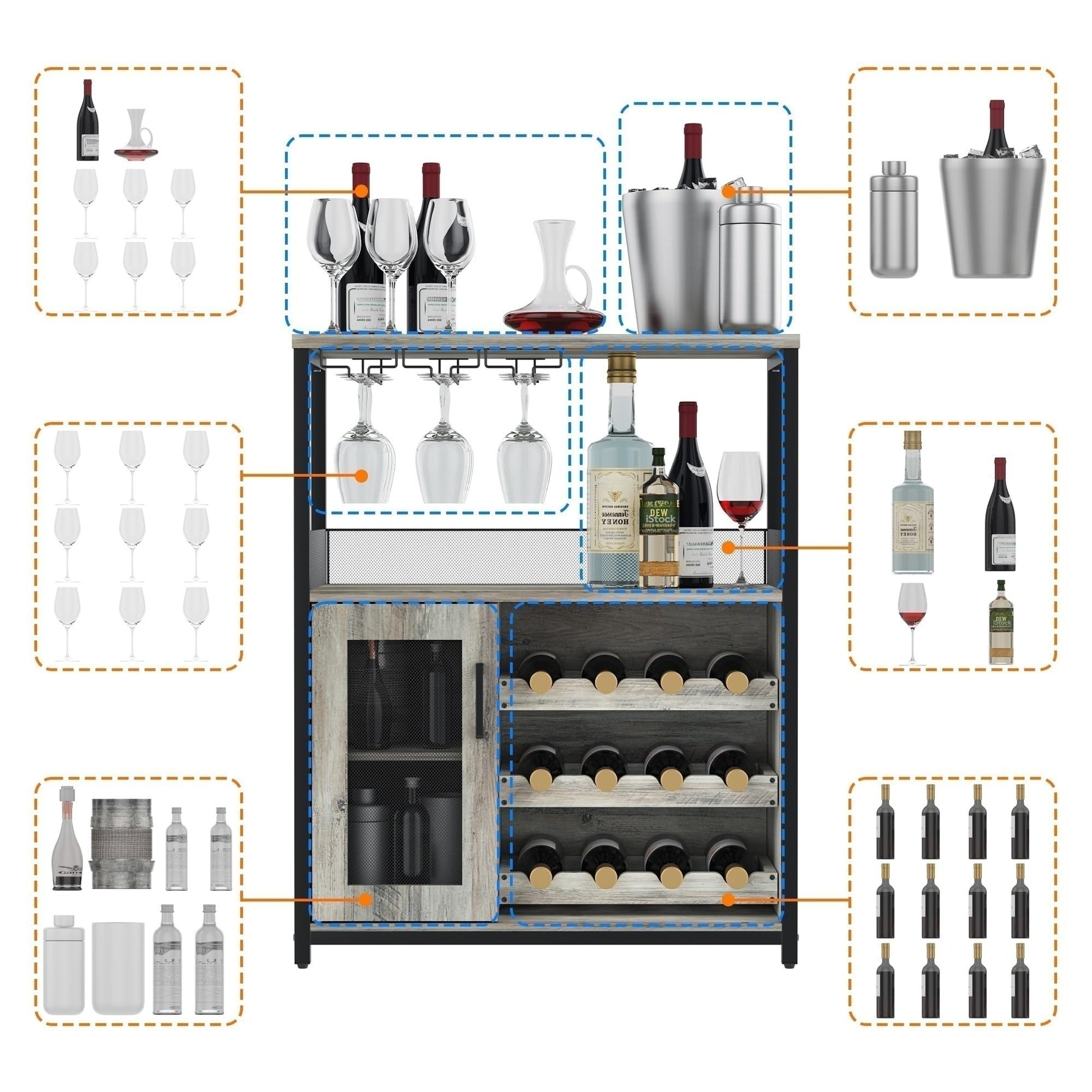 Mobile bar per vino Garvee a 3 ripiani con portabottiglie rimovibile, portabicchieri, ventilato per cucina e bar, 27,2"L x 13,8"P x 36,2"A, grigio