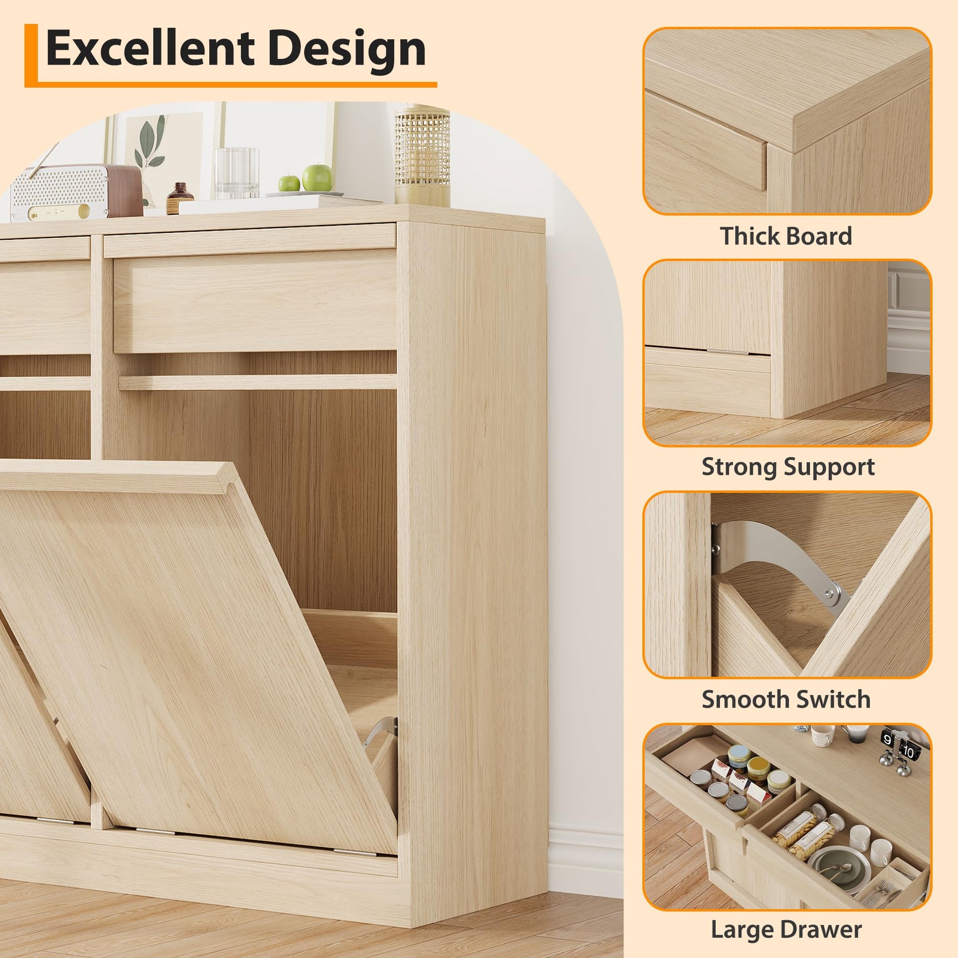 Pattumiera Garvee Modern da 37.85 L, a prova di animali domestici, in legno, autoportante per cucina e soggiorno, salvaspazio, sistema di inclinazione