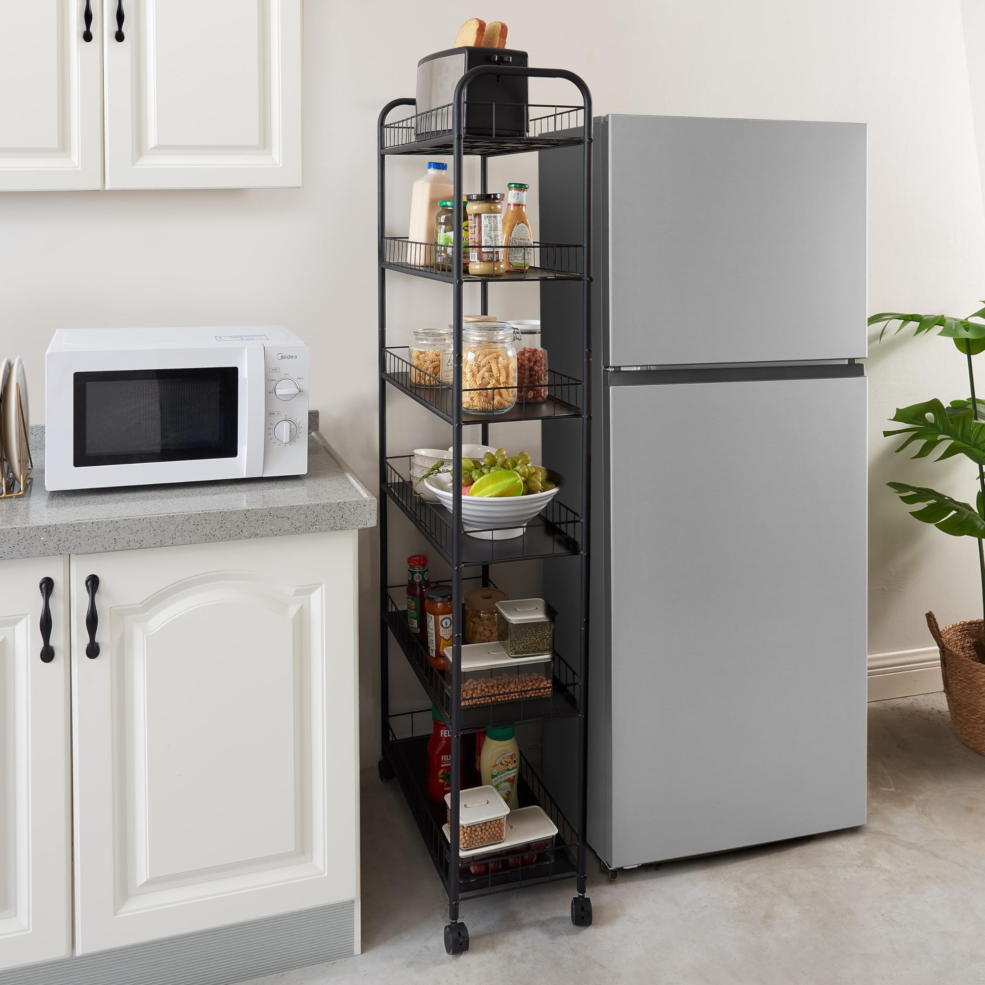 Scaffale alto Garvee con 6 ripiani e ruote per cucina, bagno, magazzino, cantina, garage, lavanderia, 25x58x155 cm, nero, salvaspazio