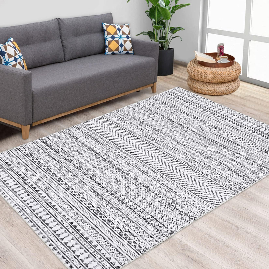 Tappeto GARVEE Boho Moroccan 200x290cm Grigio, idrorepellente, a pelo corto, resistente all'olio e alle macchie, lavabile, soggiorno e camera da letto