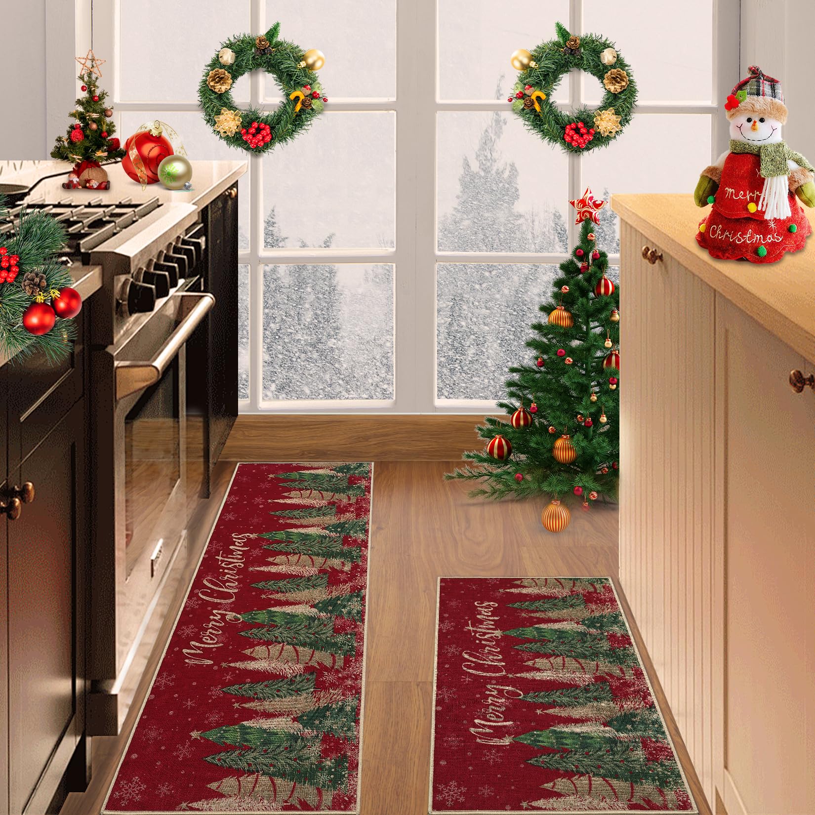 Tappetino da cucina Garvee Christmas Tree, set da 2 pezzi, antiscivolo, imitazione canapa, 40x60 + 40x120 cm, design festoso