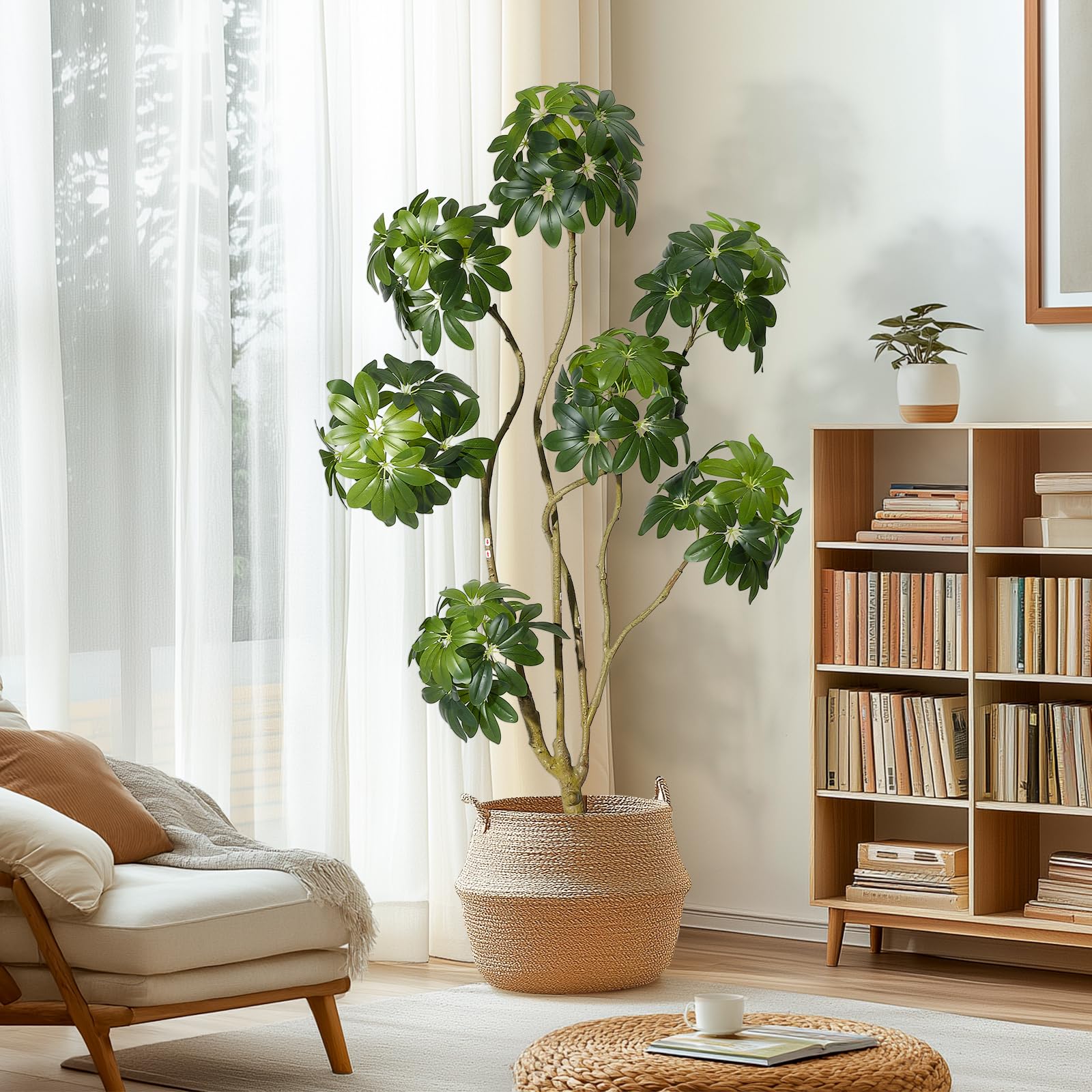 Albero di Schefflera artificiale Garvee da 5 piedi con ombrello e 5 tronchi, vaso di fiori in PE bianco per casa e ufficio
