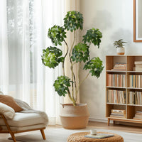 Albero di Schefflera artificiale Garvee da 5 piedi con ombrello e 5 tronchi, vaso di fiori in PE bianco per casa e ufficio