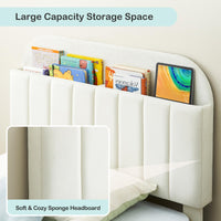 Struttura per letto singolo Garvee con rivestimento in velluto e testiera a libreria per cameretta dei bambini, bianco crema, gambe in acciaio robuste, silenzioso, facile da montare