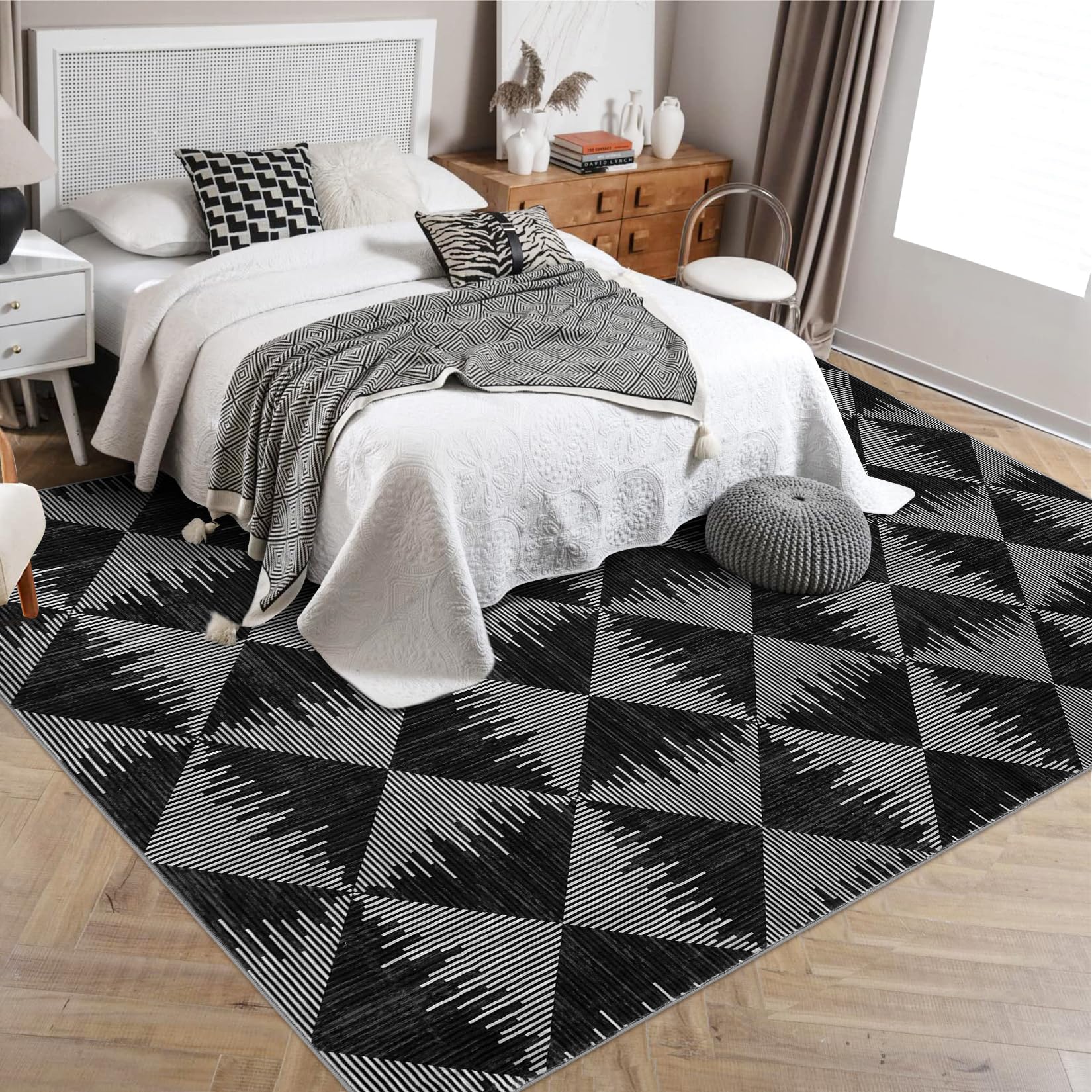 Tappeto per soggiorno Garvee 160x230cm, nero, lavabile, antiscivolo, a pelo corto, per soggiorno, camera da letto, sala da pranzo