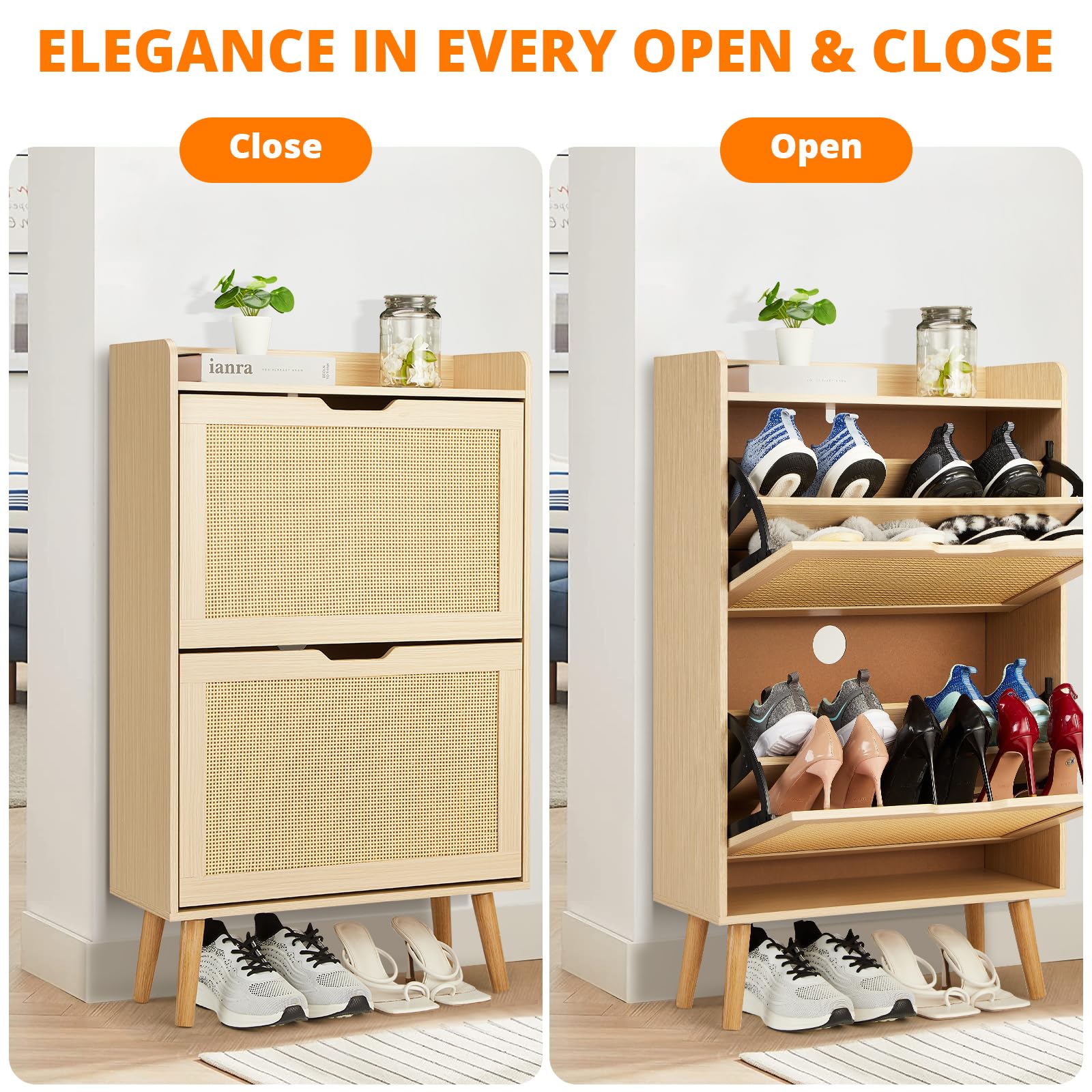 Scarpiera Garvee con 2 cassetti pieghevoli in rattan per corridoio e ingresso, 38,66x23,62x9,25 pollici, inodore, salvaspazio